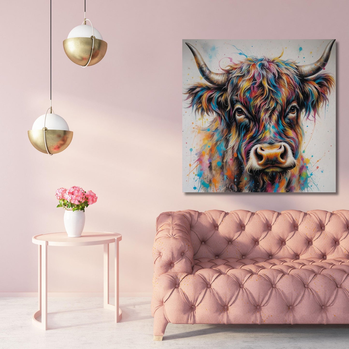 Colourful Highland Cow Canvas Wall Art, Colourful Scottish Cow  Wall Décor Custom Painting, Living room Ready to Hang Large canvas wall art