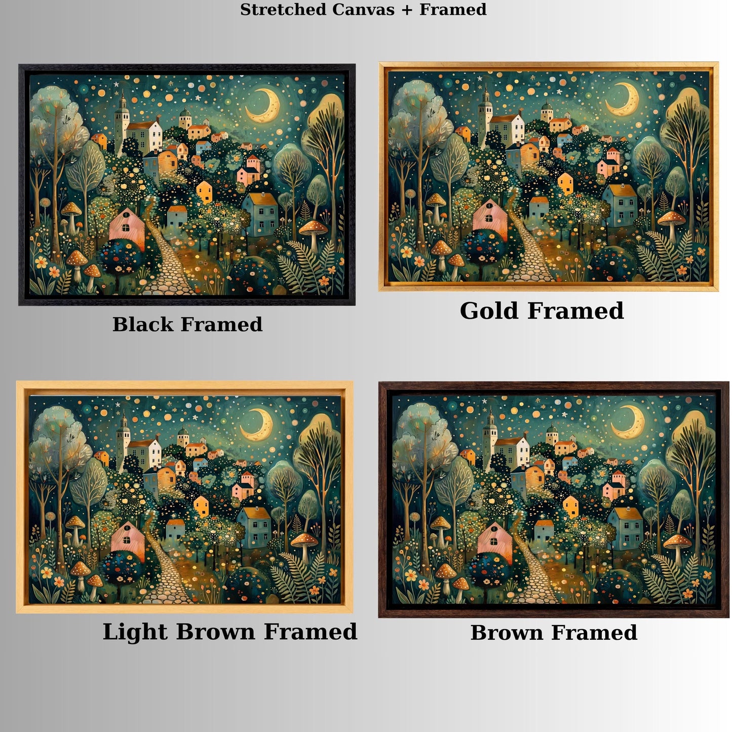 Klimt Style Whimsical Night Village Canvas Wall Art – Moonlit Forest Landscape Fantasy Decor
