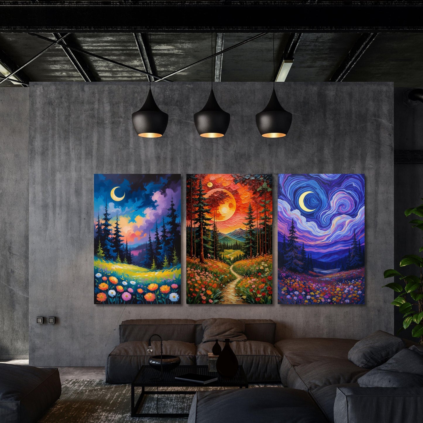 Set of 3 Klimt Style Night Full Moon & Crescent Canvas, Golden Stars Wall Art, Modern Flowers Night Sky Print, Celestial Bedroom Decor Art