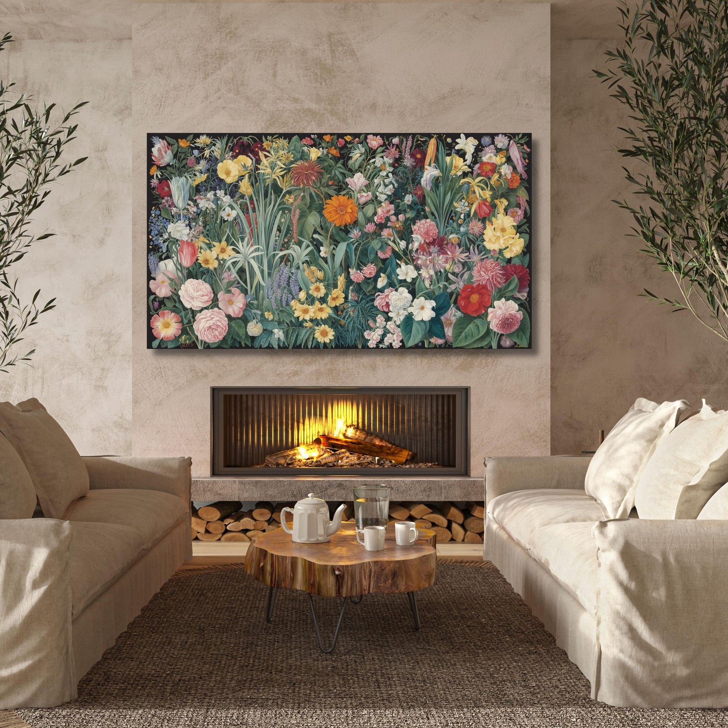 Wildflower Garden Canvas Art,Gustav Klimt Style Woodland Print,Rustic Floral Wall Decor,Vertical Meadow Landscape, Whimsical Nature Wall Art