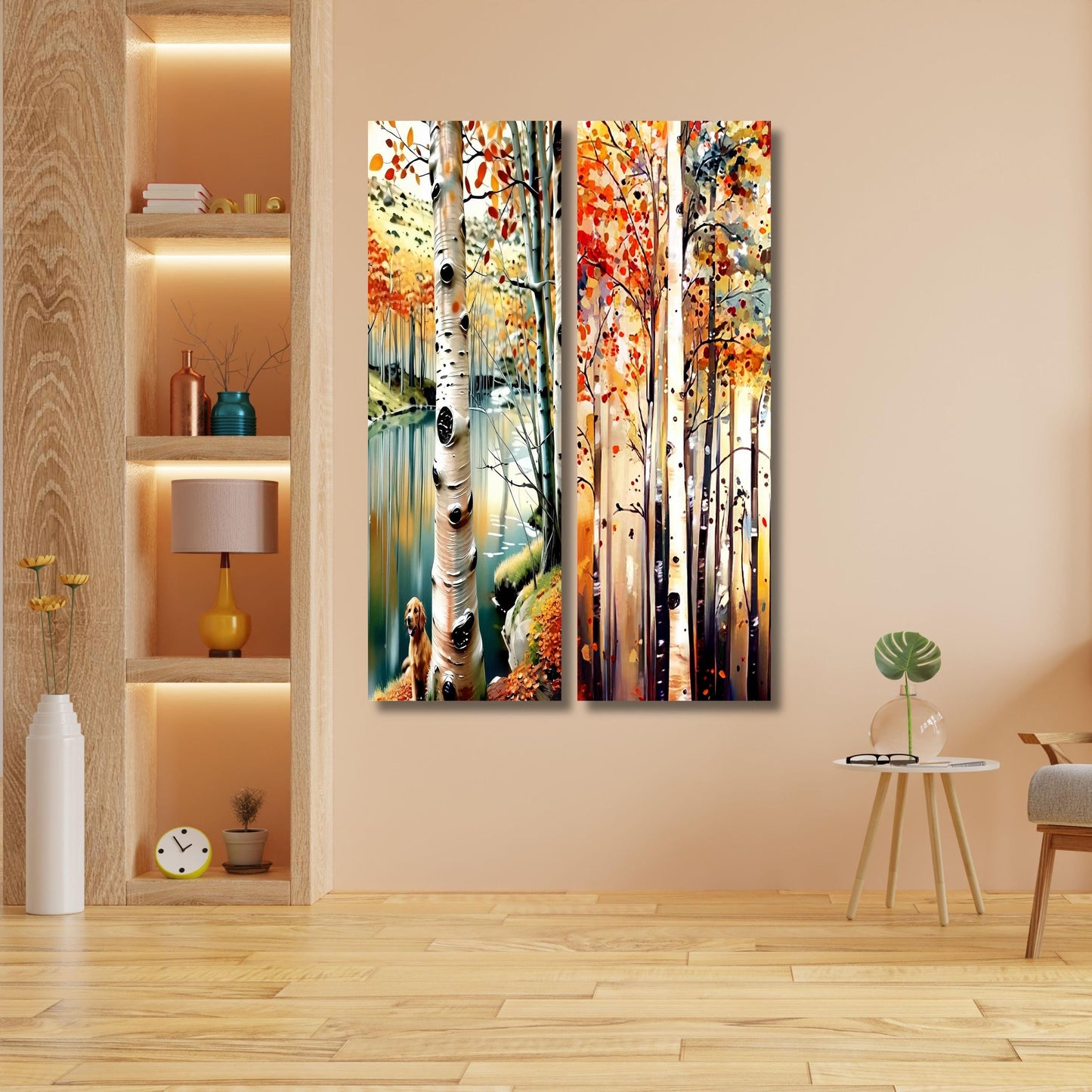 Set of 2 Tall Narrow Birch Tree Canvas – Long Vertical Forest Wall Art Decor