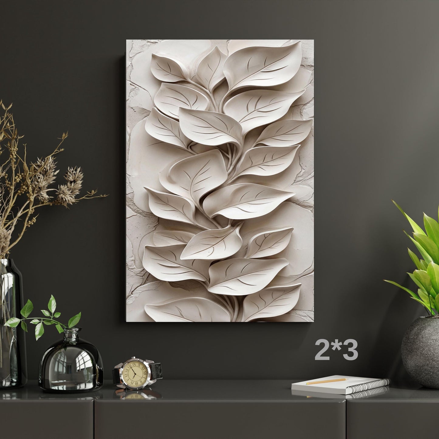 3D Look White Leaves Long Vertical Canvas Art, Modern Minimalist Botanical Wall Decor, Textured Appearance Floral Mural, Narrow Wall Art