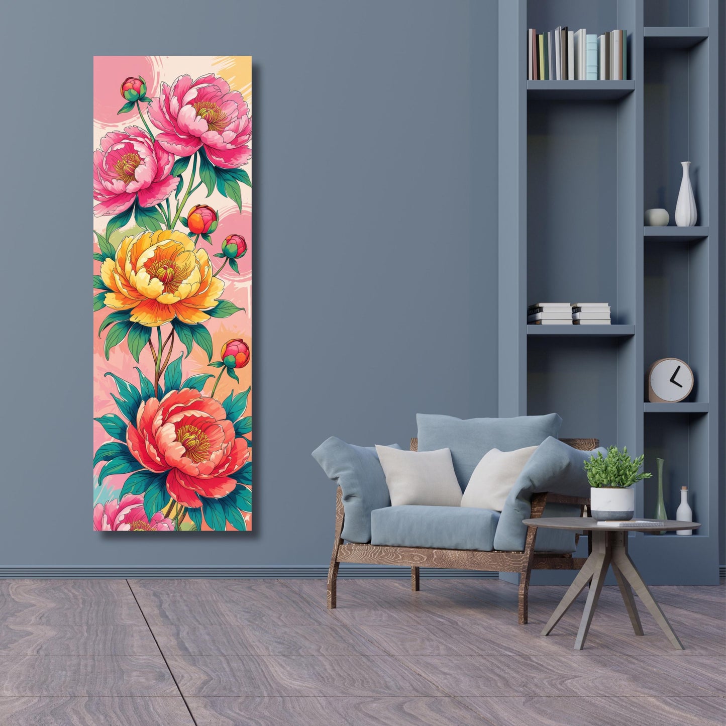 May include: Vertical floral canvas art featuring vibrant pink, yellow, and red peony blooms. The artwork showcases a watercolor style with detailed petals and green leaves against a soft pink and peach background. A decorative piece for home decor.