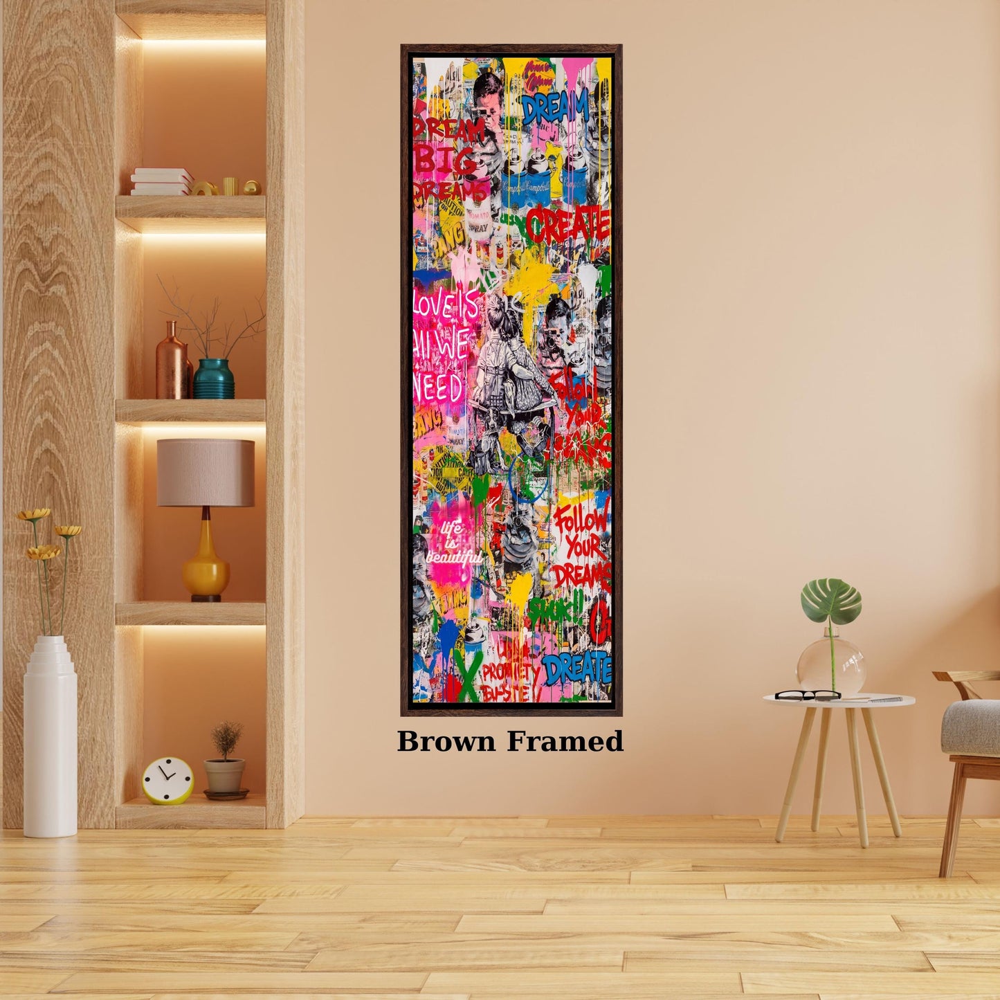 Long Narrow Wall Art Banksy & Pop Art Style Canvas, Motivational Graffiti Wall Art, Life is Beautiful Street Art, Love is All We Need Print