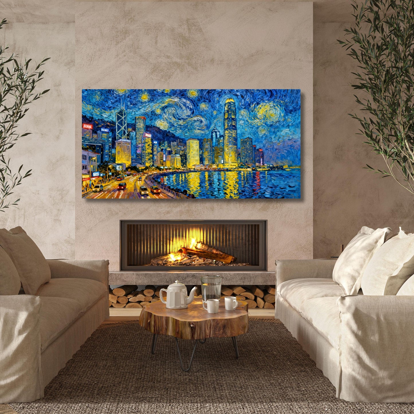 Hong Kong at Night in the Style of Van Gogh – Starry Night Inspired Canvas Wall Art Ready to Hang/ poster City Night Wall Art