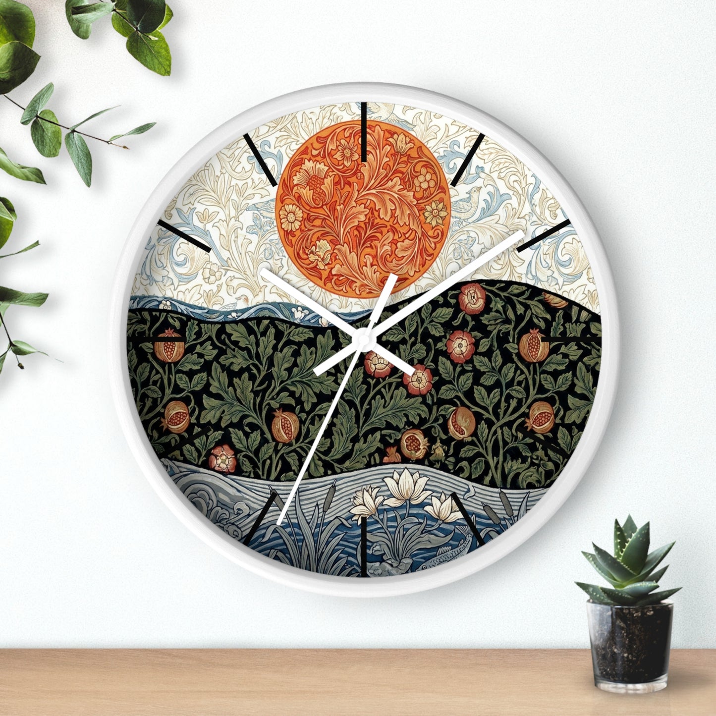 William Morris Style Floral Sun Wall Clock | Botanical Art Clock