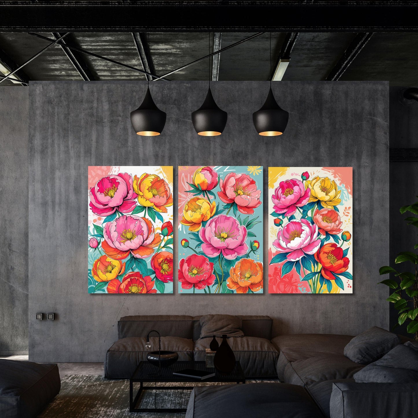 Set of 3 Summer Peony Canvas Prints Colorful Quirky Handdrawn Floral Wall Art Bright Botanical Flowers for Bedroom Kitchen or Gallery Wall