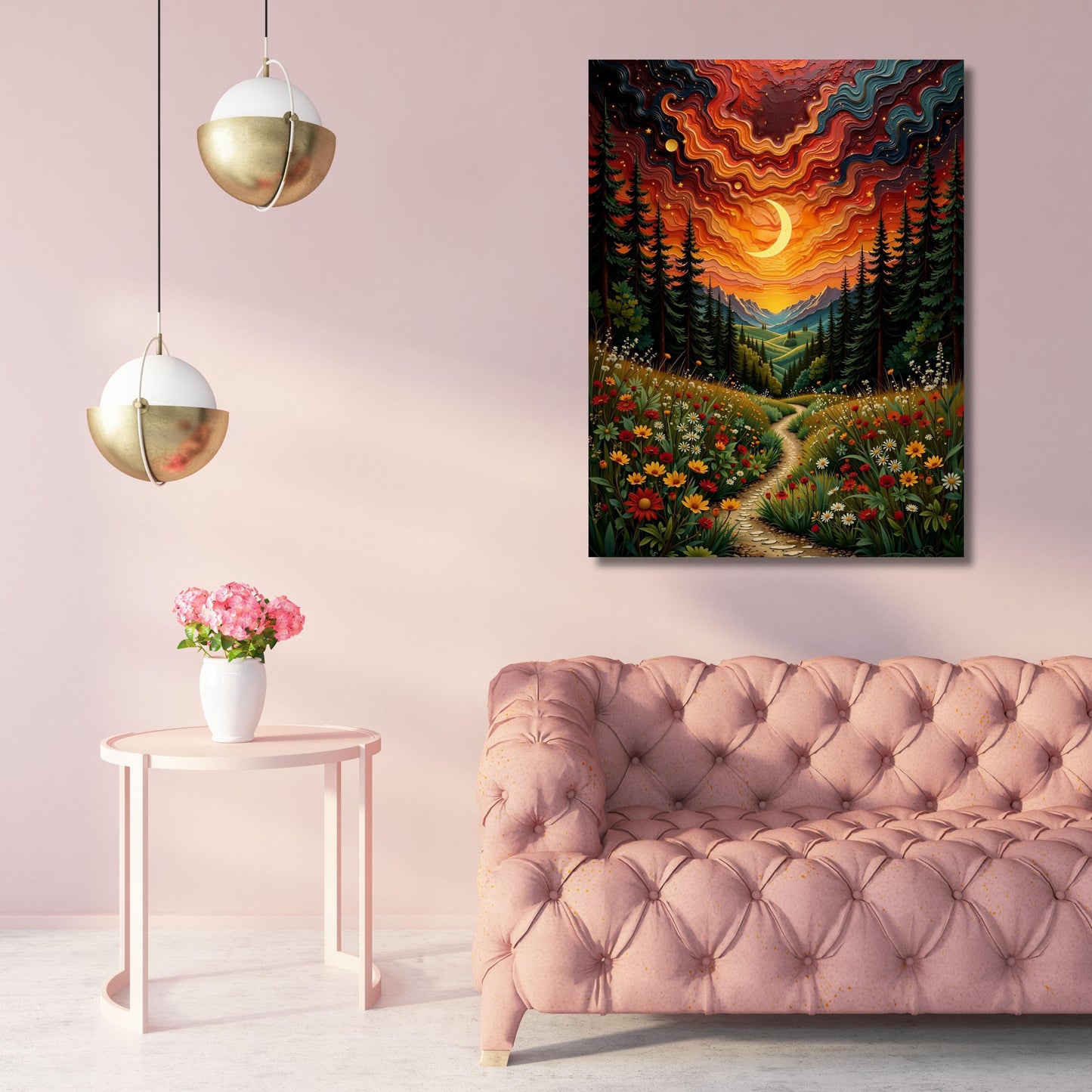 May include: A vibrant landscape painting depicts a forest path leading towards a crescent moon in a colorful sunset sky. The artwork features a field of wildflowers in the foreground, with tall evergreen trees lining the path. The color palette includes shades of orange, red, and green.