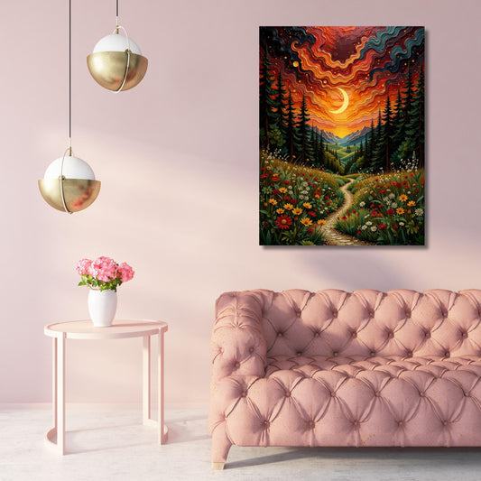 May include: A vibrant landscape painting depicts a forest path leading towards a crescent moon in a colorful sunset sky. The artwork features a field of wildflowers in the foreground, with tall evergreen trees lining the path. The color palette includes shades of orange, red, and green.