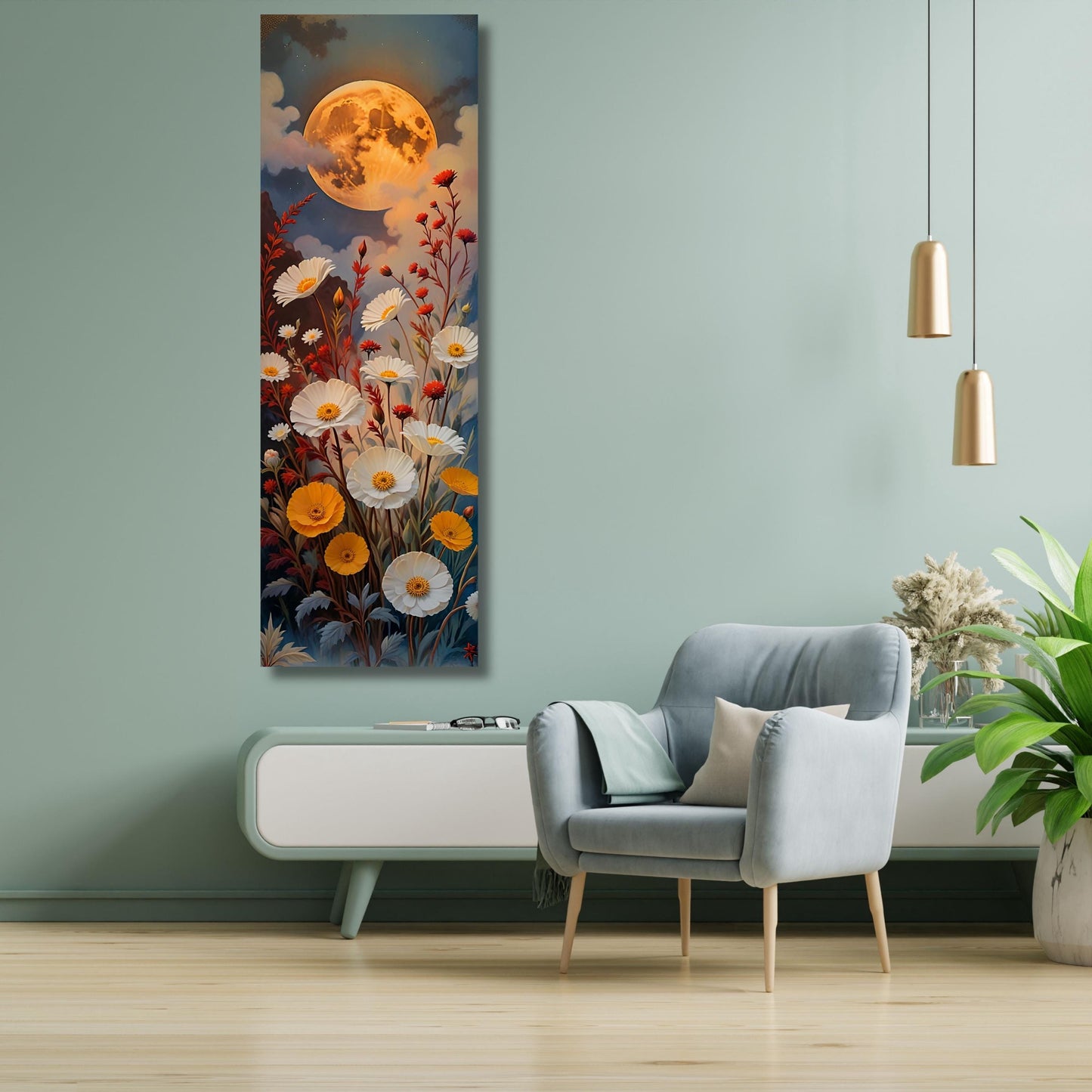Klimt-Inspired Wildflower Canvas Art: Moonlit Forest, Rustic Mountain Decor