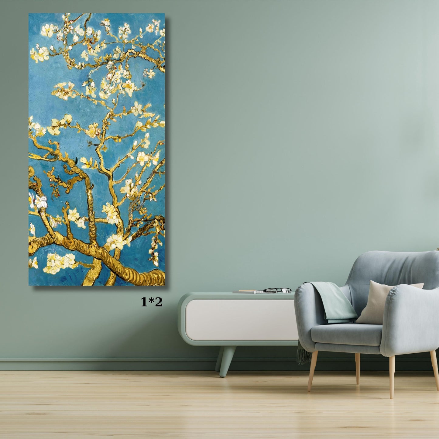 Vincent Van Gogh Almond Blossoms Style Canvas, Vertical Floral Wall Art, Reimagined Modern Blossom Print,Gold and Blue Flower Art