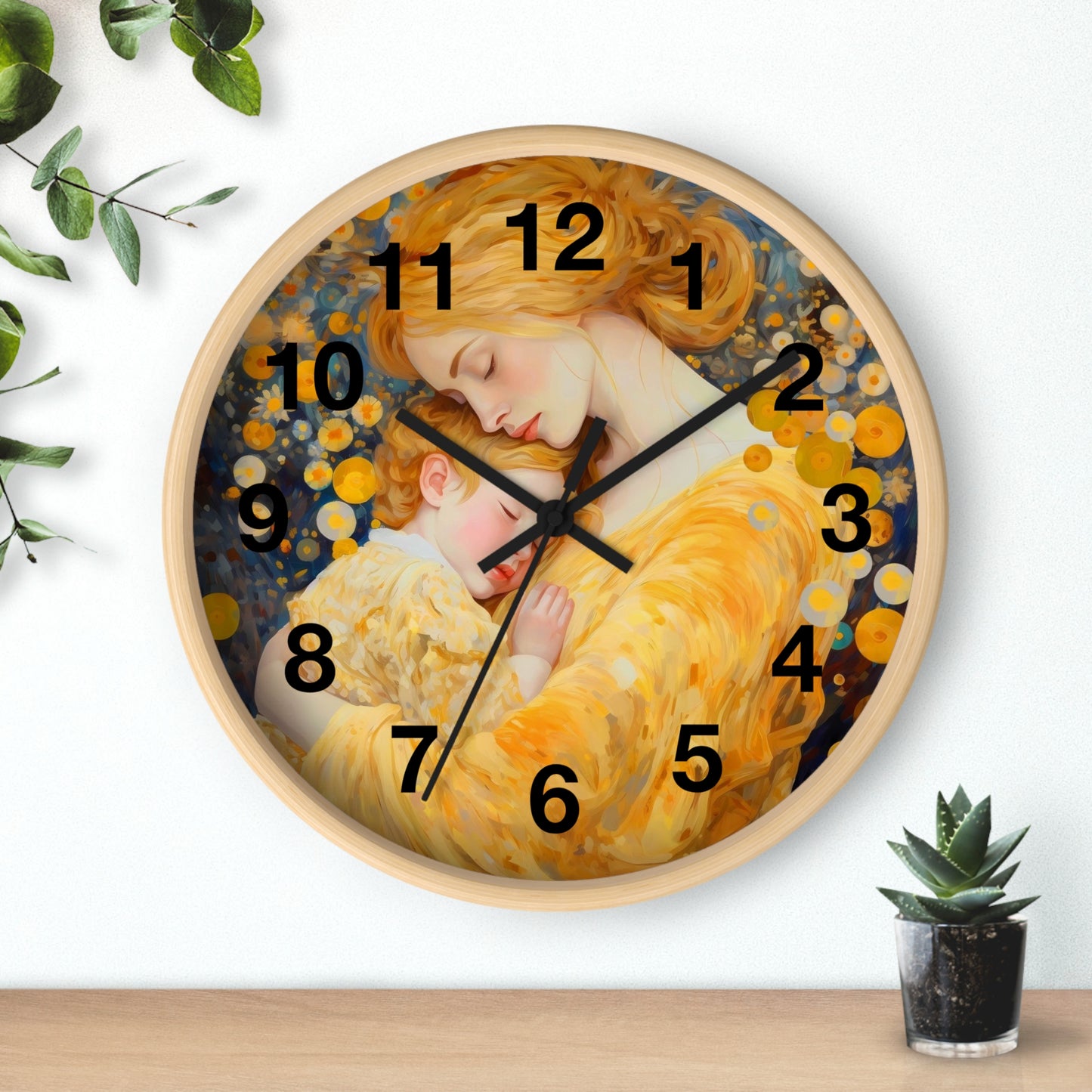 Mother and Child Illustration Wall Clock | Golden Art Nursery Decor