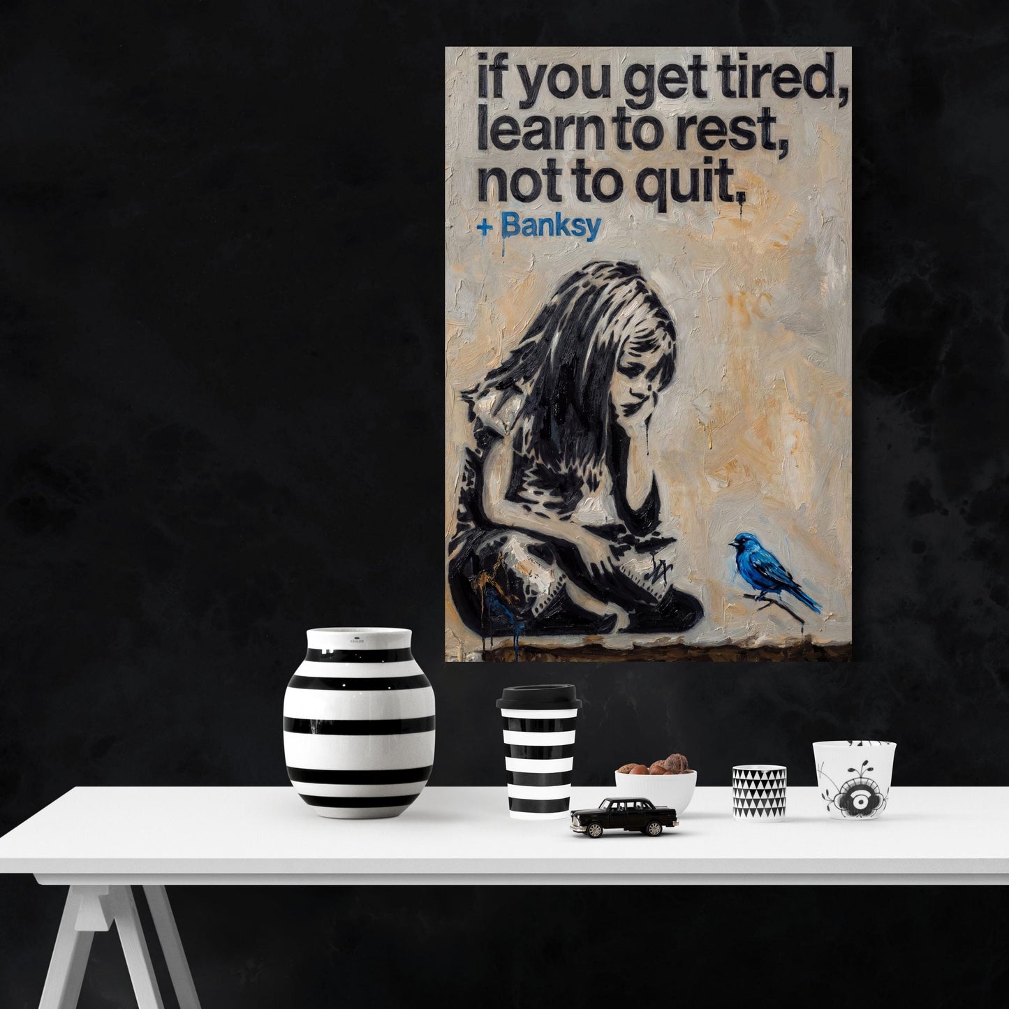 Banksy Girl and Blue Bird Canvas Art, Modern Street Art Wall Decor, Minimalist Graffiti Print, Hopeful Nature Wall Art, Ready to Hang Canvas