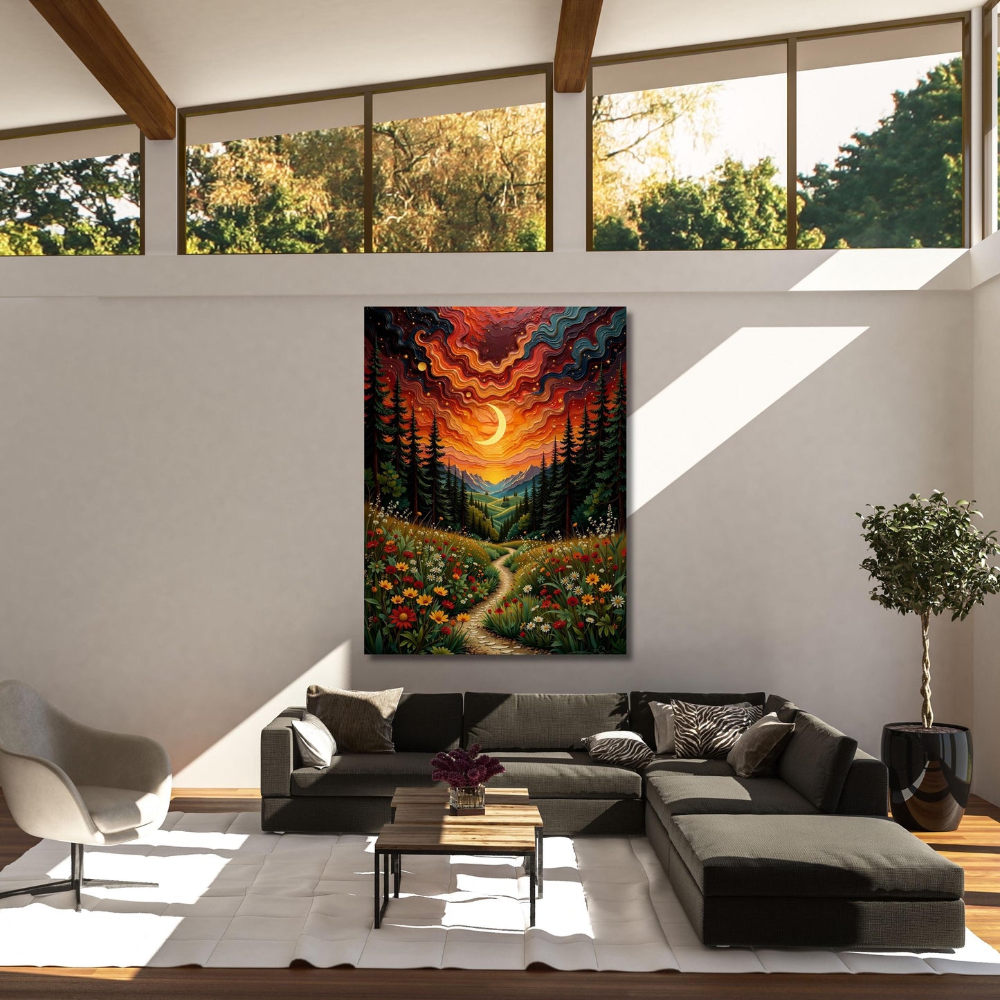 Nachtsichel-Wildblumen-Leinwandbild, von Klimt inspirierter botanischer Mond-Kunstdruck, verträumte florale Wanddekoration für Schlafzimmer, Wohnzimmer, Boho-Kunst