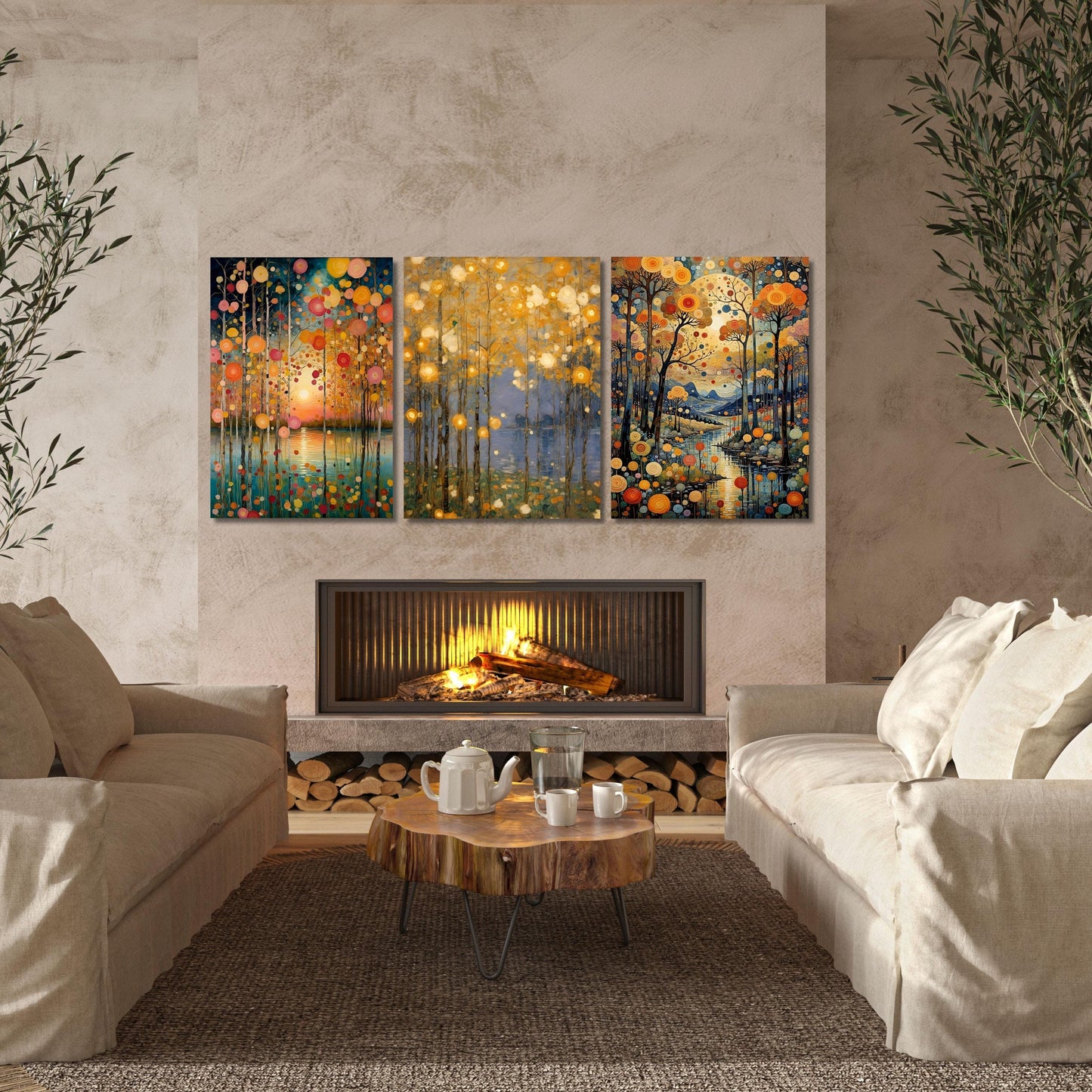 Set of 3 Gustav Klimt Night Canvas Wall Art Klimt style Klimt Moon Stars Canvas Wall Art Modern Living Room Gold Flowers Night Sky wall art