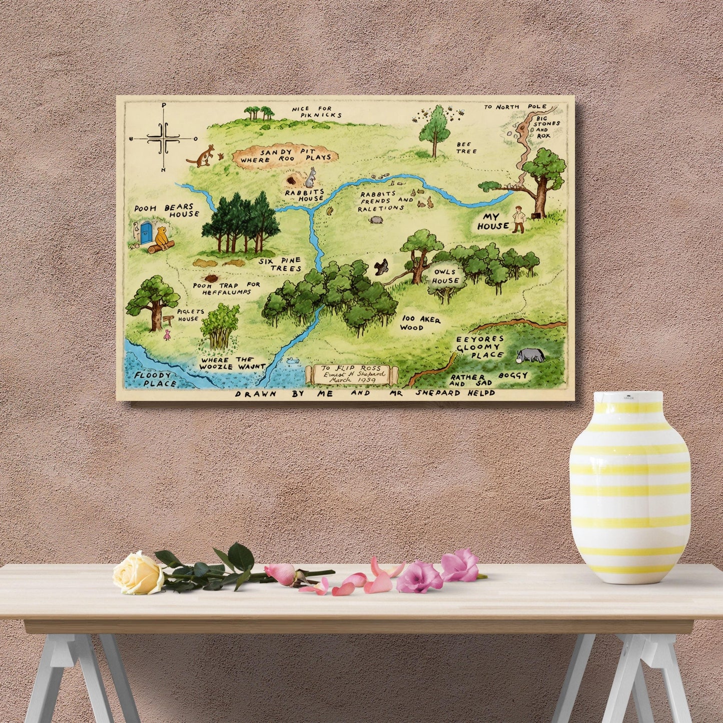 Winnie the Pooh 100 Acre Wood Map Canvas Print, Winnie the Pooh Vintage Illustration, Nursery Wall Art