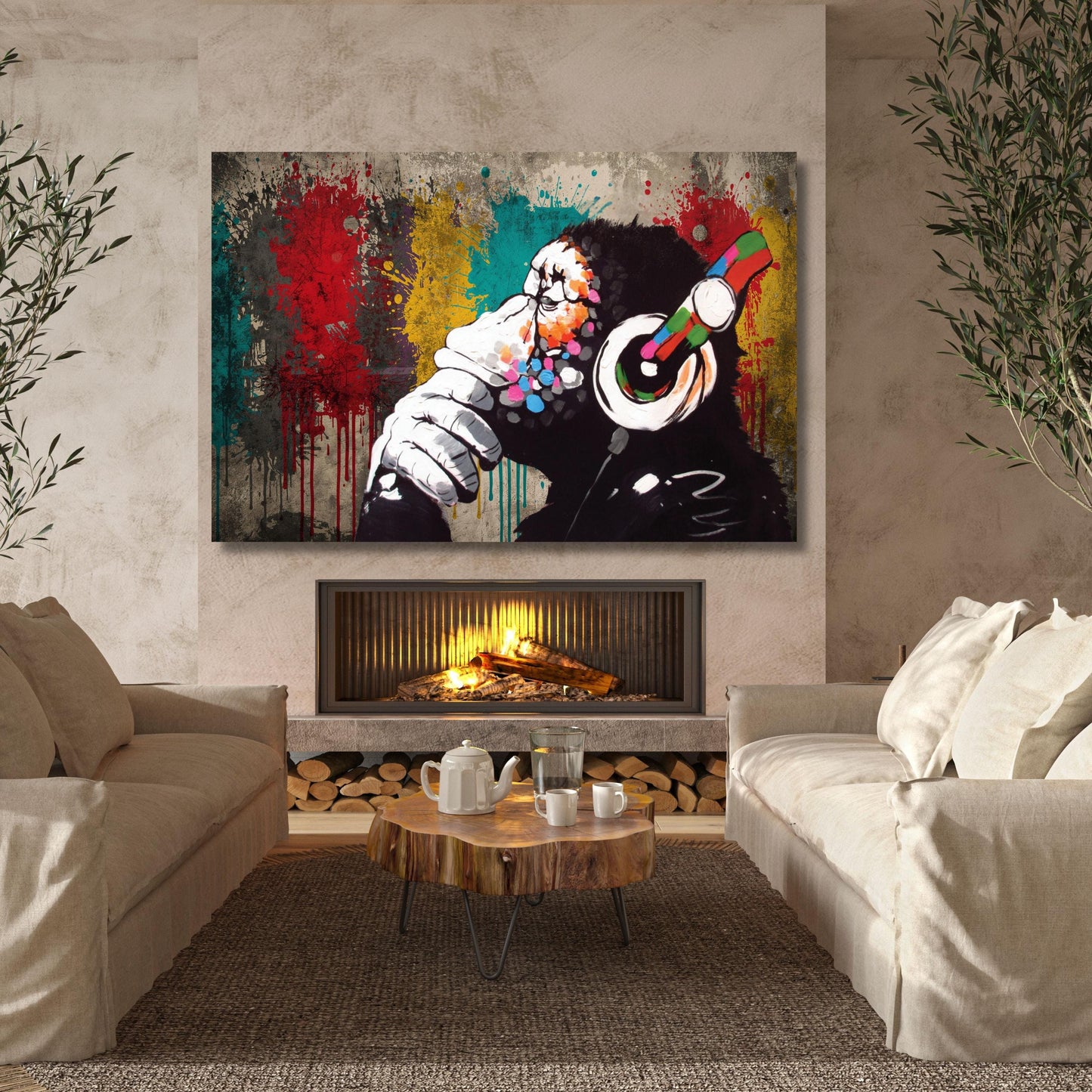 Banksy DJ Monkey Canvas Wall Art Banksy Thinking Monkey Music Thinker Graffiti Wall Art Extra Large Wall Art Gorilla Chimp Ready to Hang