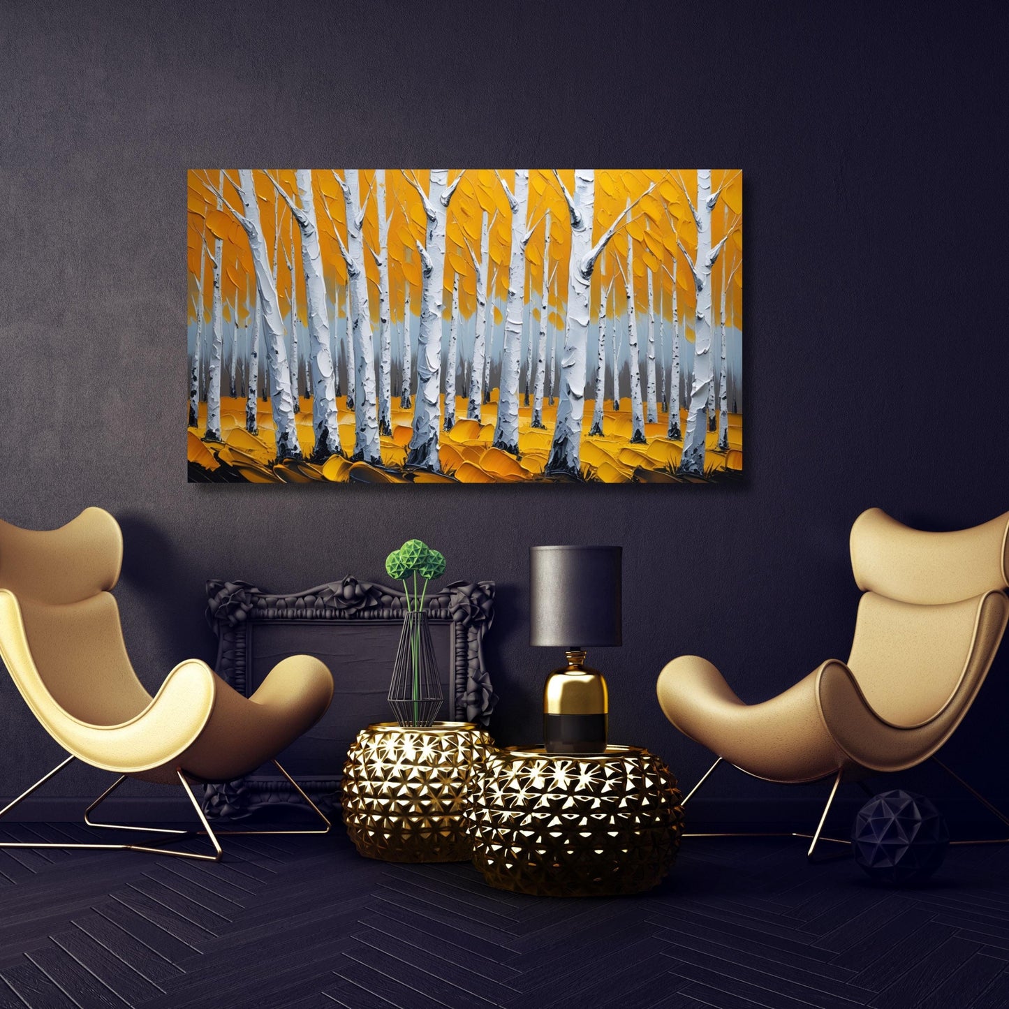 Yellow Birch Tree Canvas Art: Abstract Forest Landscape