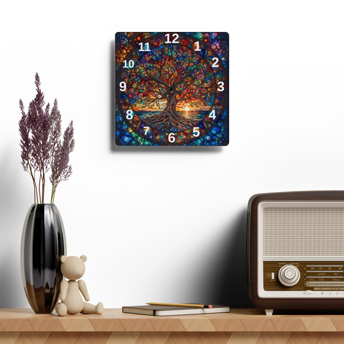 Stained Glass Tree of Life Acrylic Wall Clock | Colorful Sunset Nature Decor