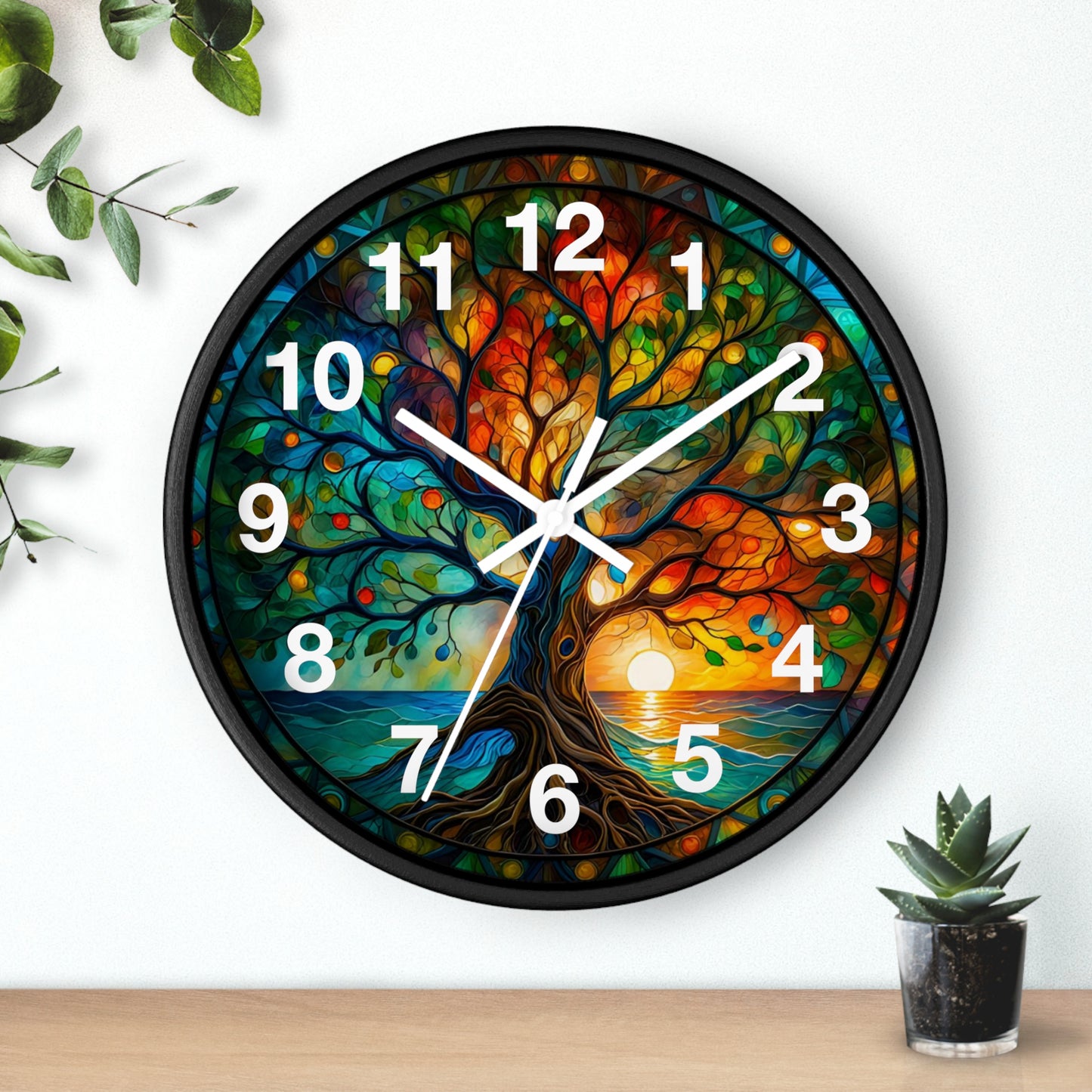 Stained Glass Tree of Life Wall Clock | Colorful Sunset Nature Decor