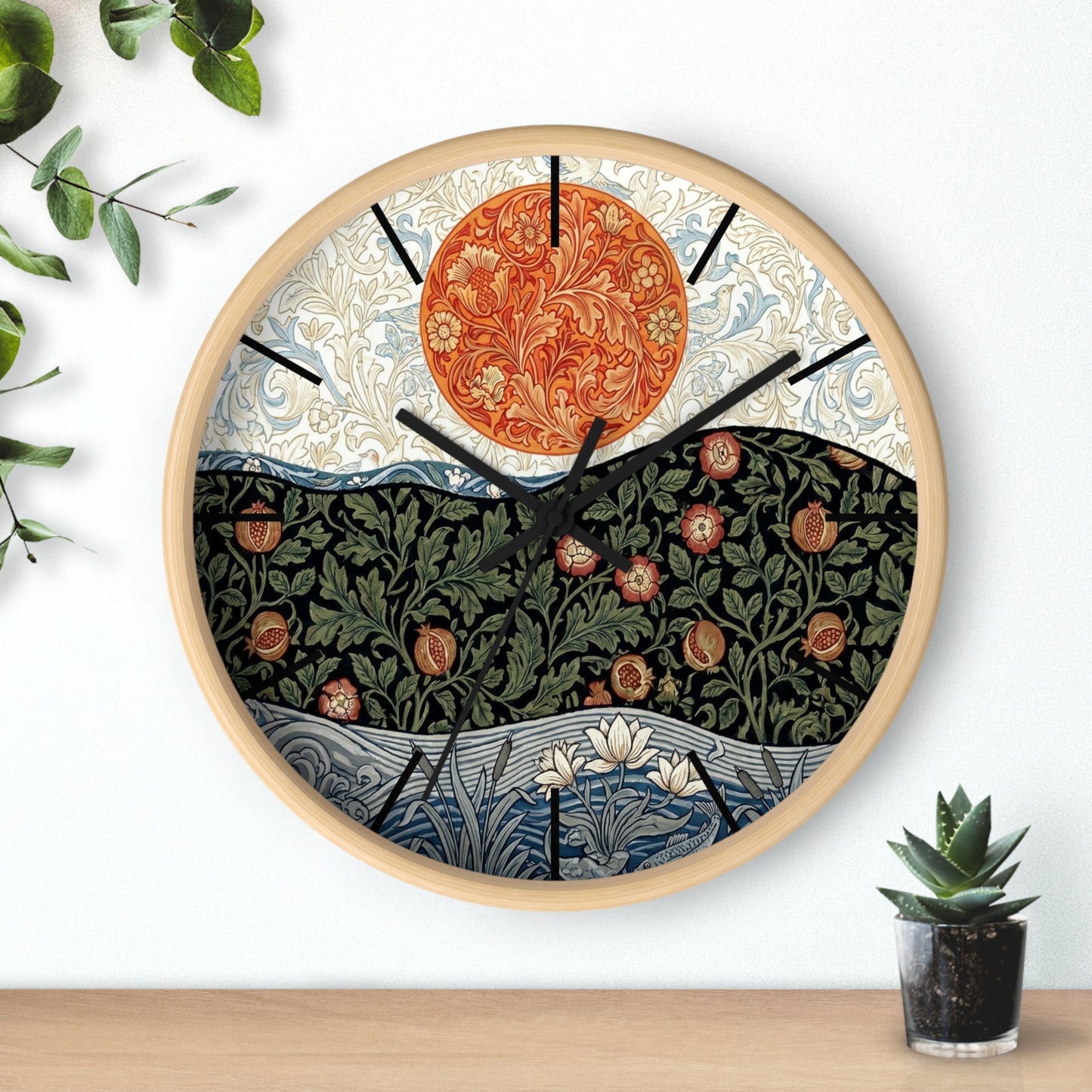 William Morris Style Floral Sun Wall Clock | Botanical Art Clock