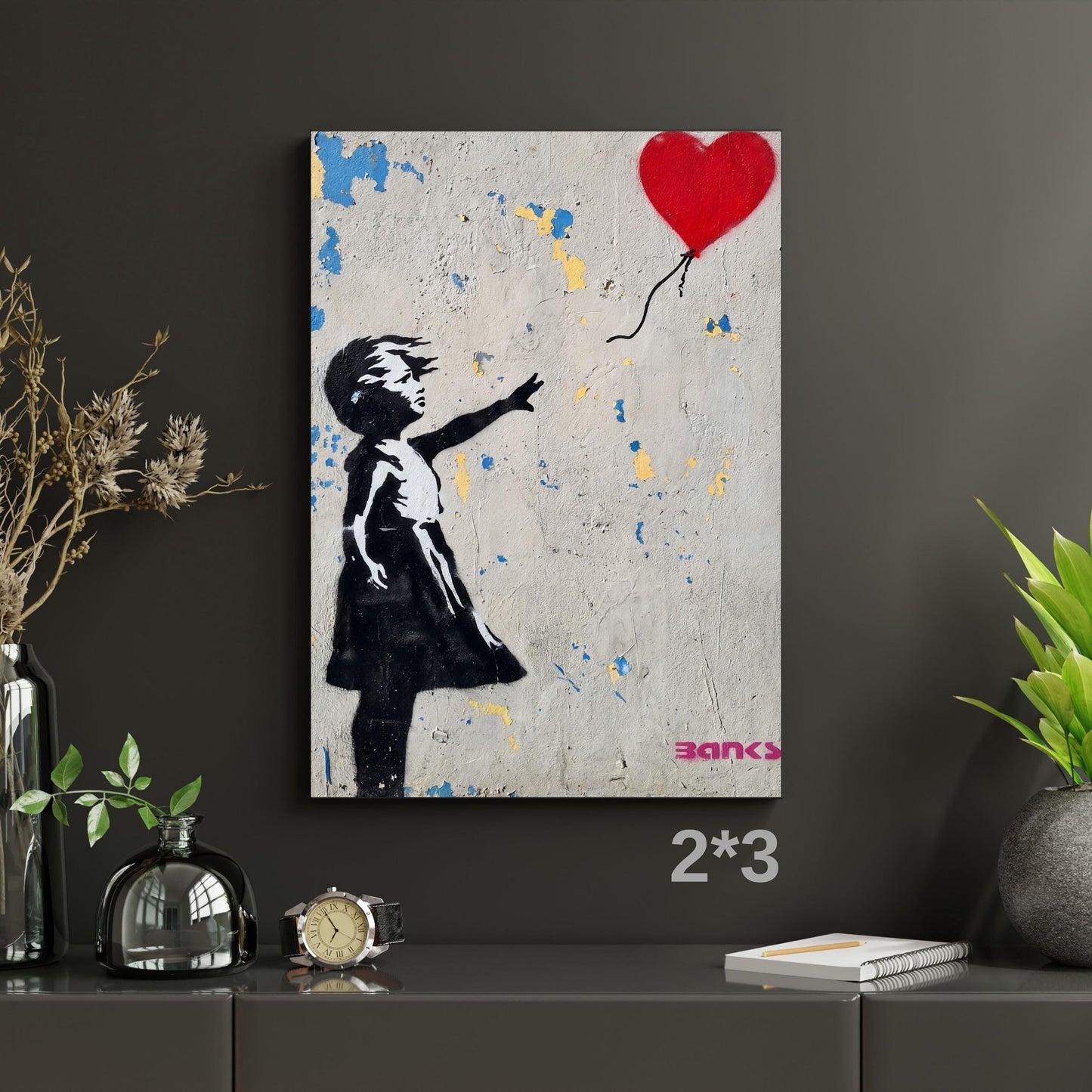 Long Narrow Banksy Girl with Balloon Canvas Wall Art - Street Art Graffiti Decor - Modern Living Room Print - Iconic Balloon Girl Replica