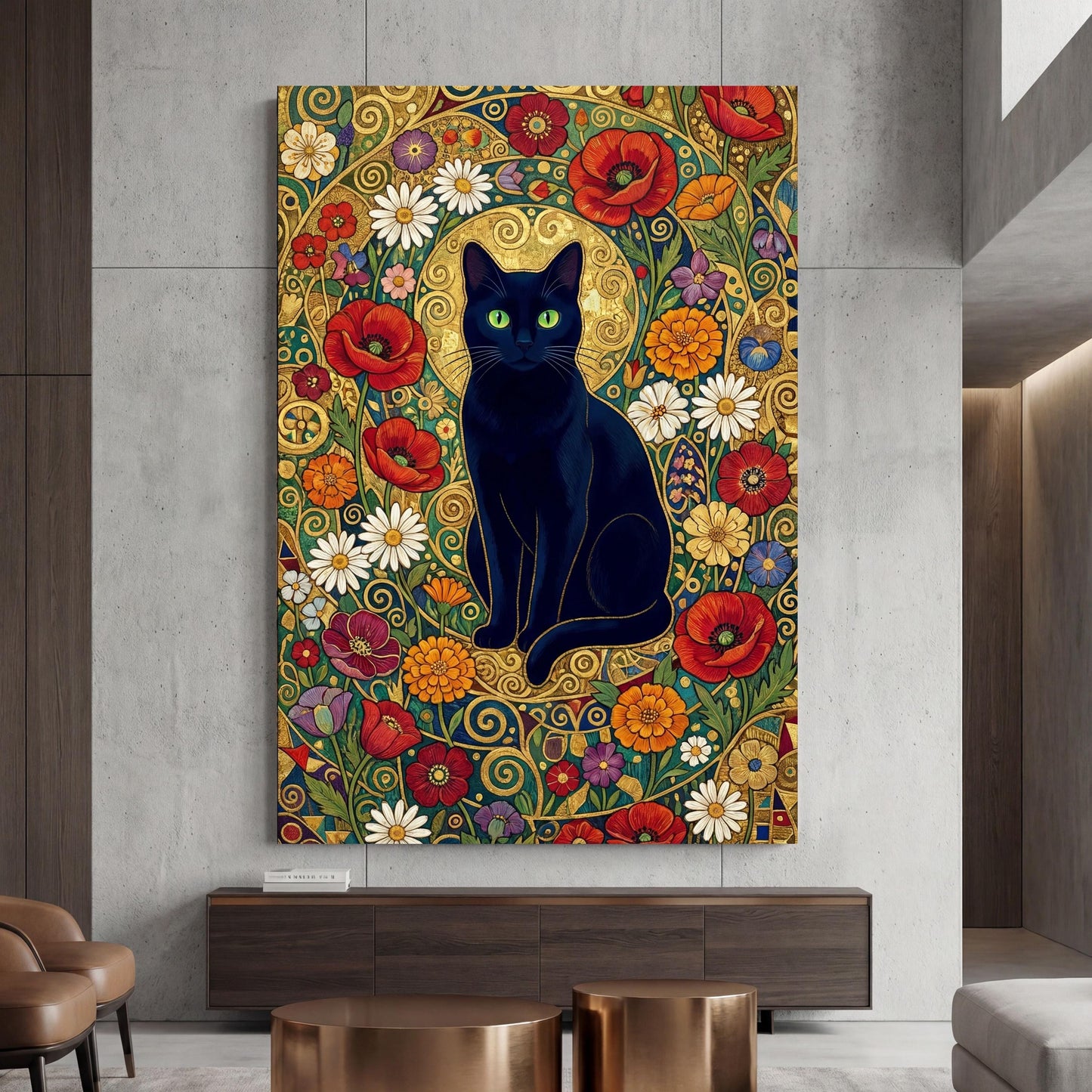 Klimt Style Cat Canvas Wall Art – Golden Art Nouveau Animal Decor Print