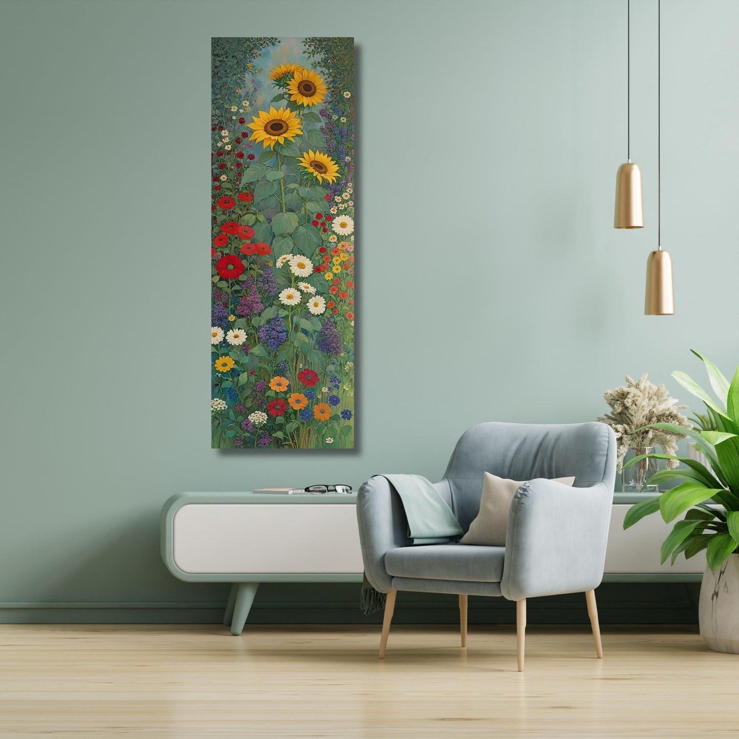 Klimt Style Sunflower Wildflower Garden Tall Narrow Canvas, Botanical Nature Wall Art, Rustic Floral Vertical Print for Hallway or Bedroom