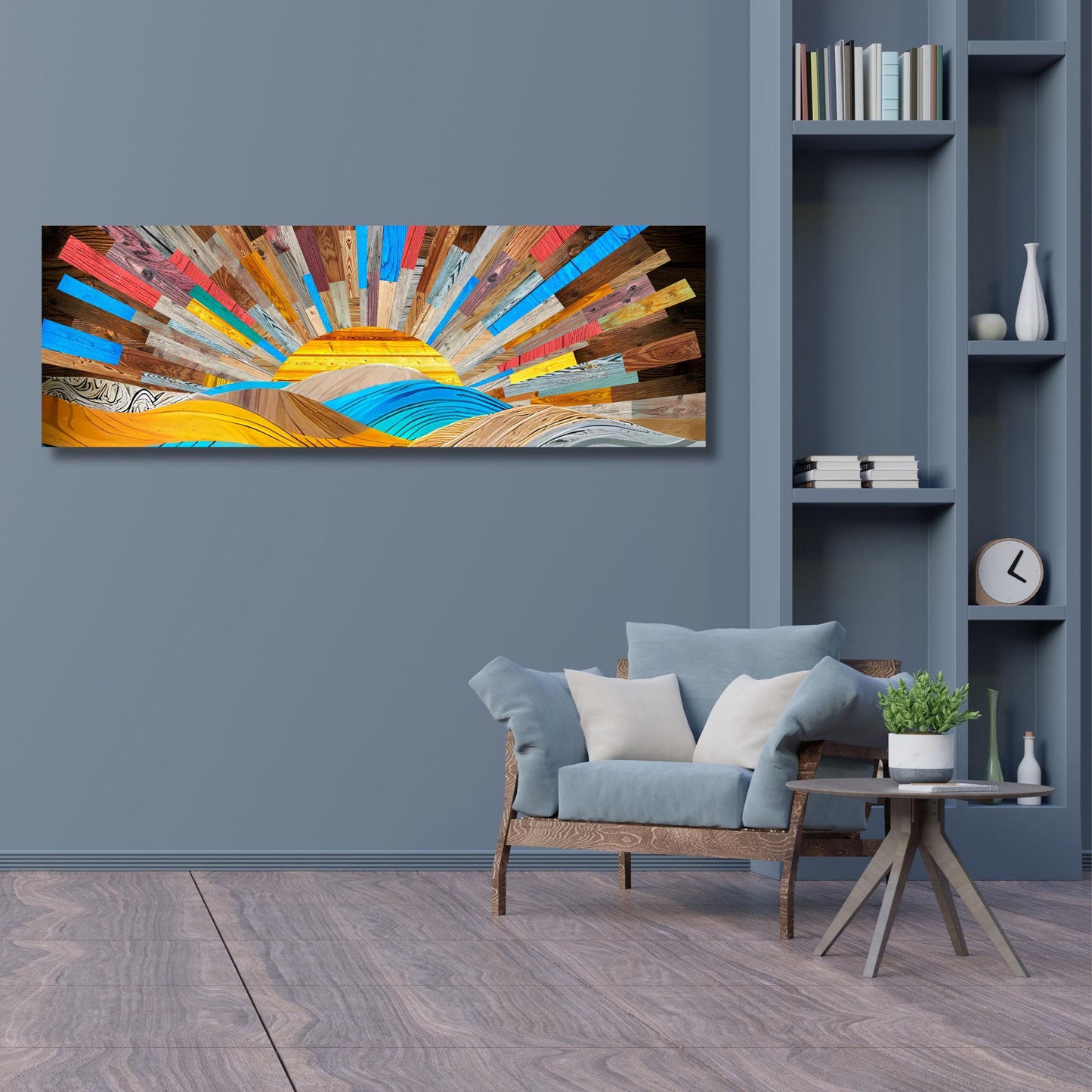 Boho Sunrise Canvas Wall Art – Wood Look Sun Print for Bedroom or Office – Natural Above Bed Decor – Earthy Bohemian Home Gift Print art