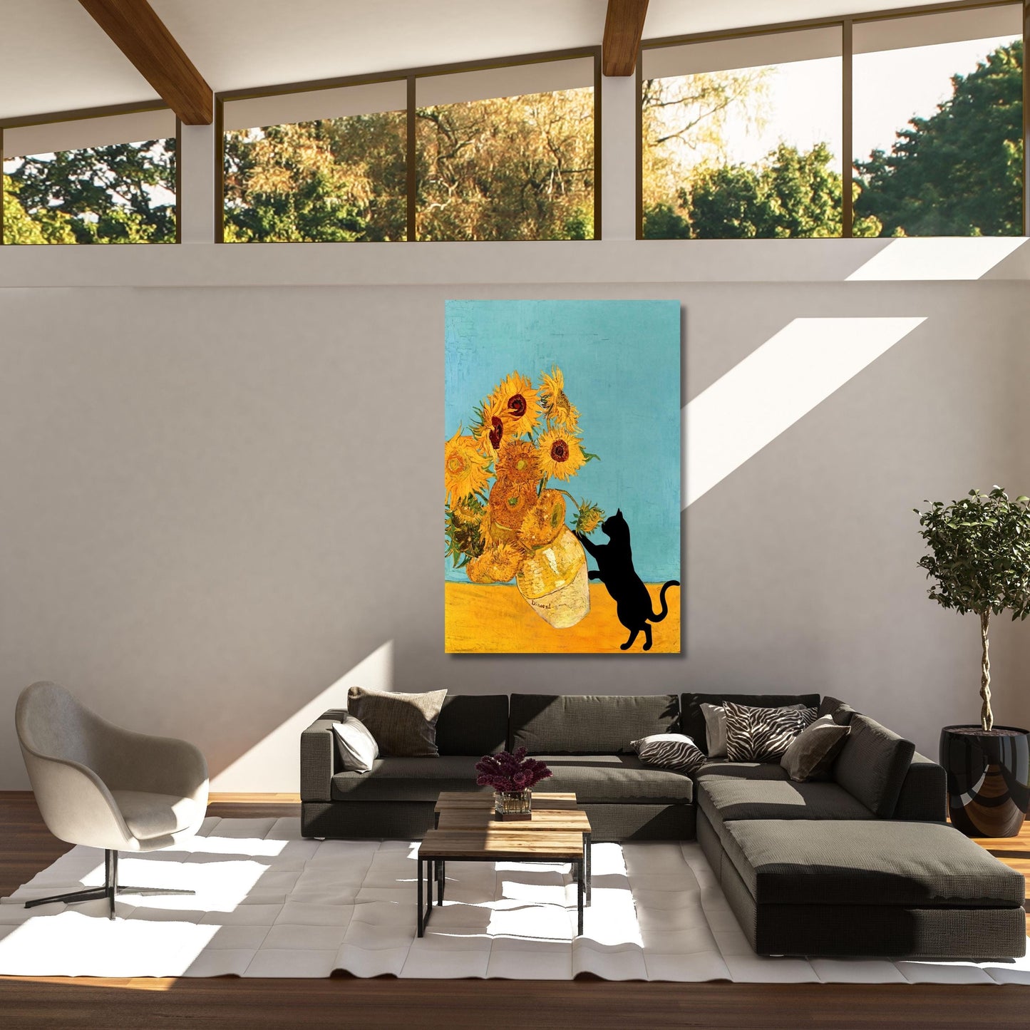 Funny Cat Canvas Print – Van Gogh Sunflowers Still Life Art