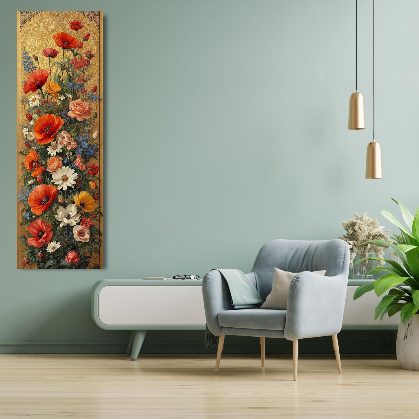 Long Narrow Golden Floral Abstract Canvas Art, Elegant Poppy & Rose Vertical Wall Decor, Framed  Luxury Flower Poster, Tall Narrow Wall Art