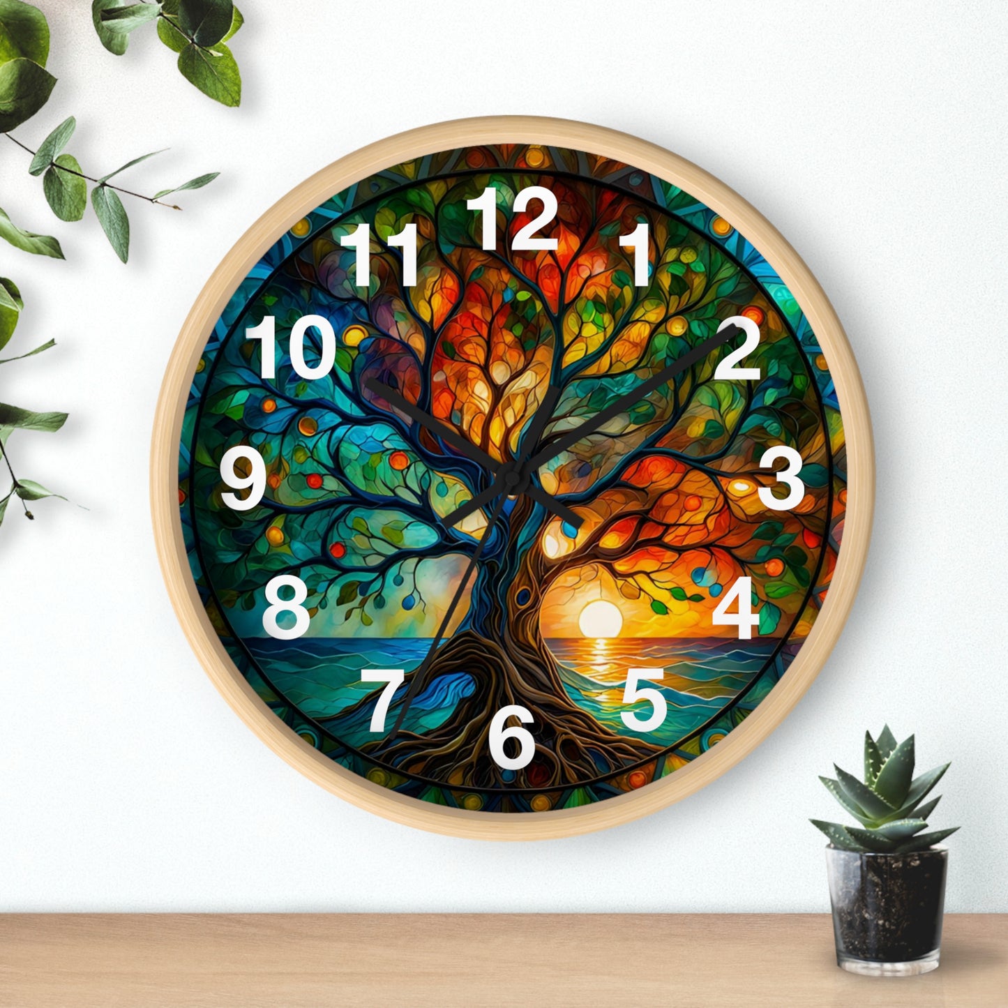 Stained Glass Tree of Life Wall Clock | Colorful Sunset Nature Decor