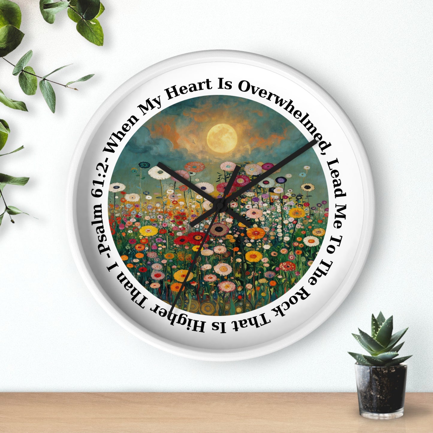 Moonlit Wildflower Field Wall Clock | Psalm 61:2 Scripture Clock