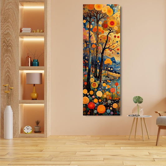 Klimt Style Long Canvas Wall Art, Vertical Waterfall Landscape Painting, Impressionist Forest and Mountain Decor, Tall Narrow Canvas Print