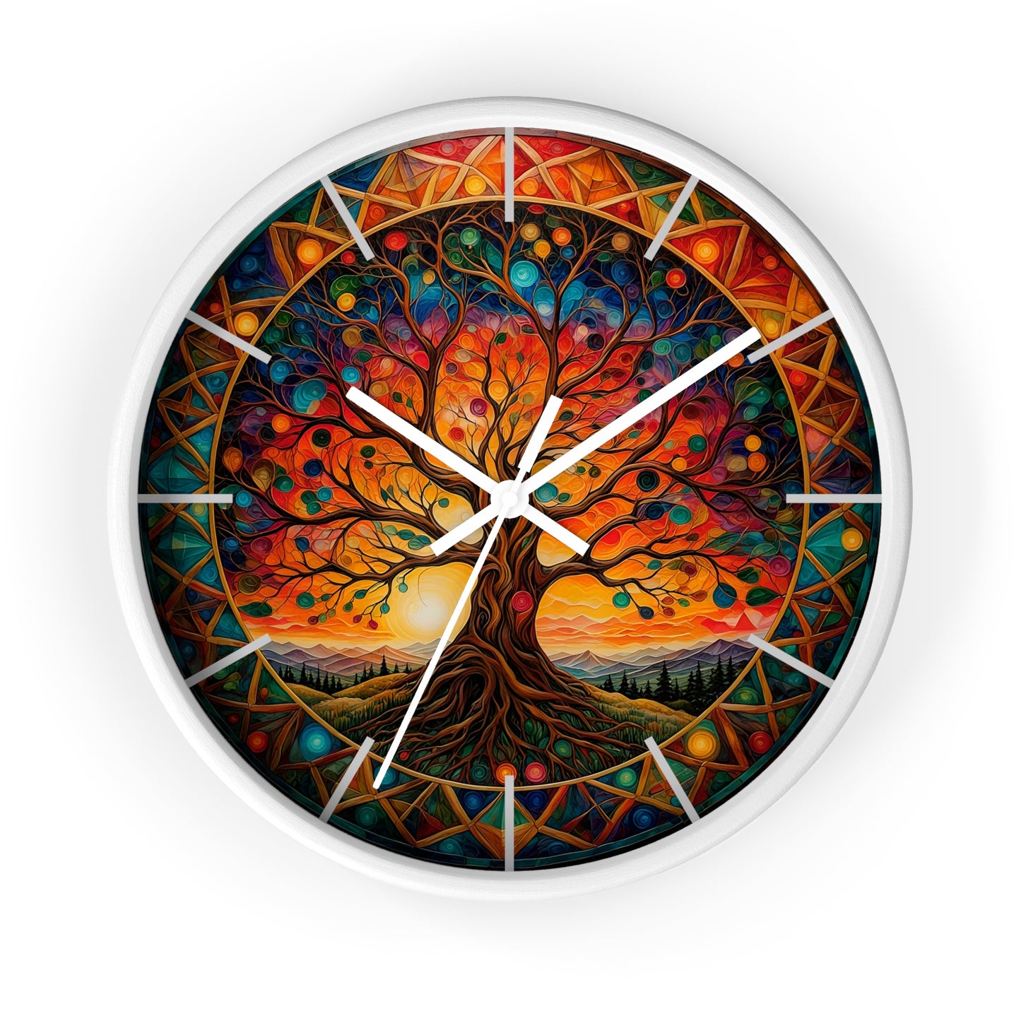 Colorful Tree of Life Wall Clock | Stained Glass Mandala, Sunset Landscape