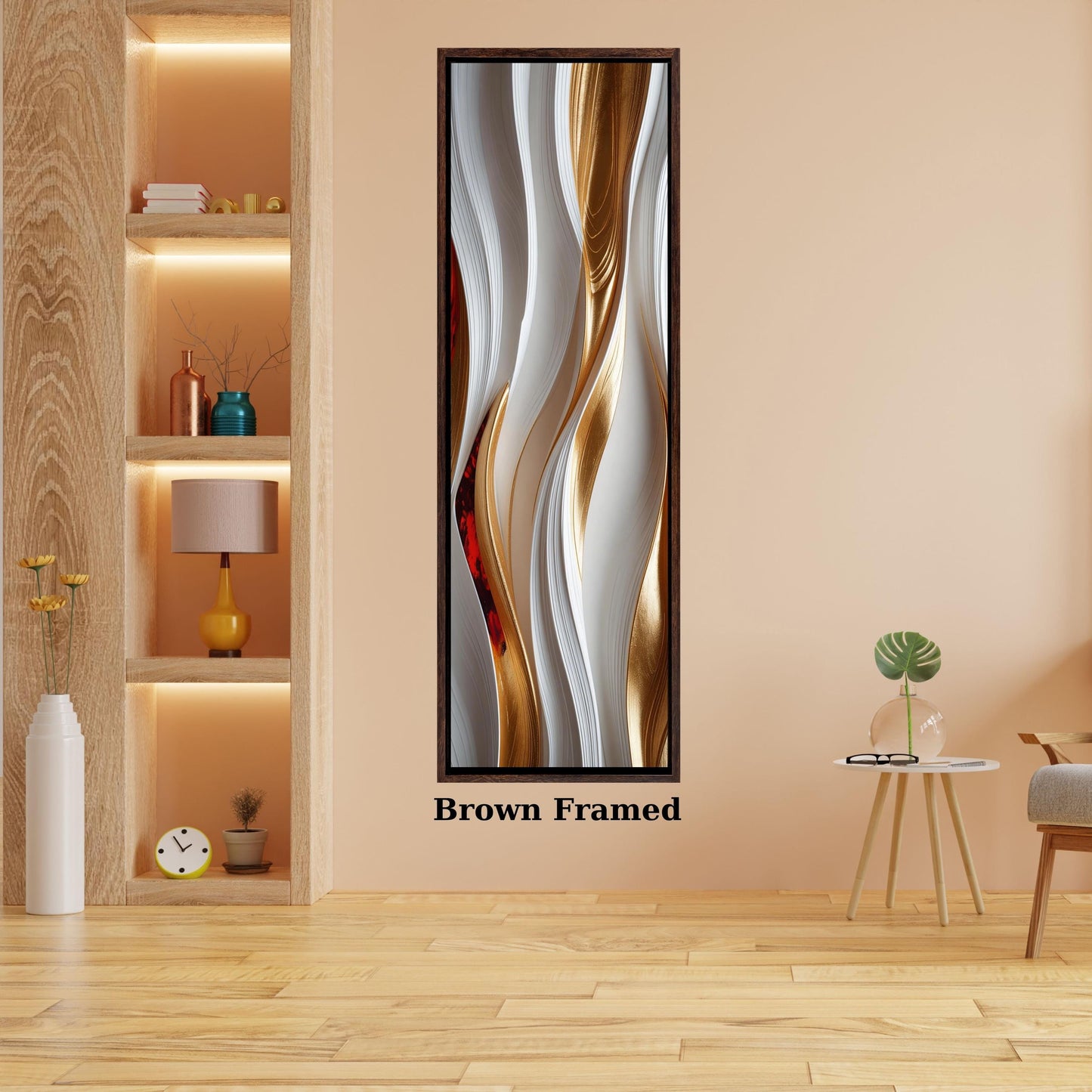 Long Vertical Abstract Wall Art, Gold and White Flow Canvas, Framed Modern Narrow Decor