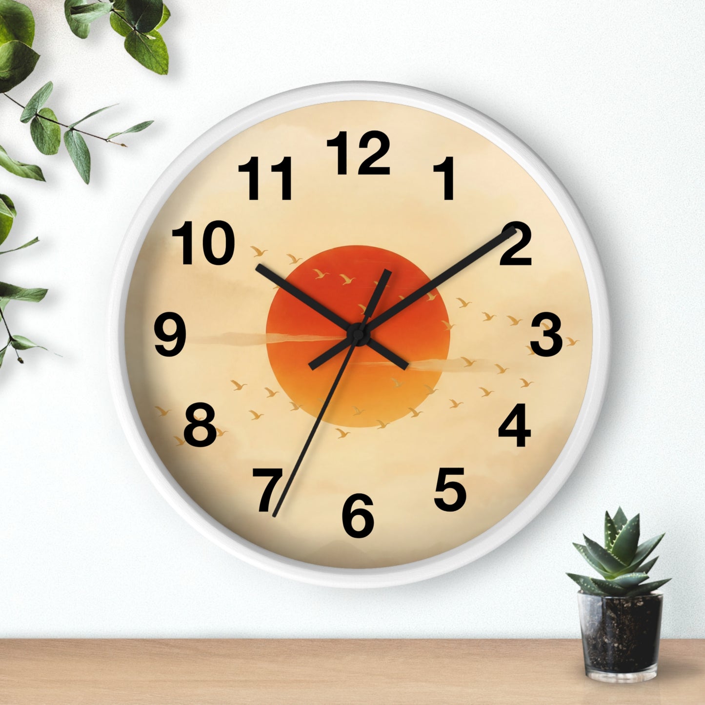 Sunset Sun with Flying Birds Wall Clock | Minimal Retro Sunrise Design