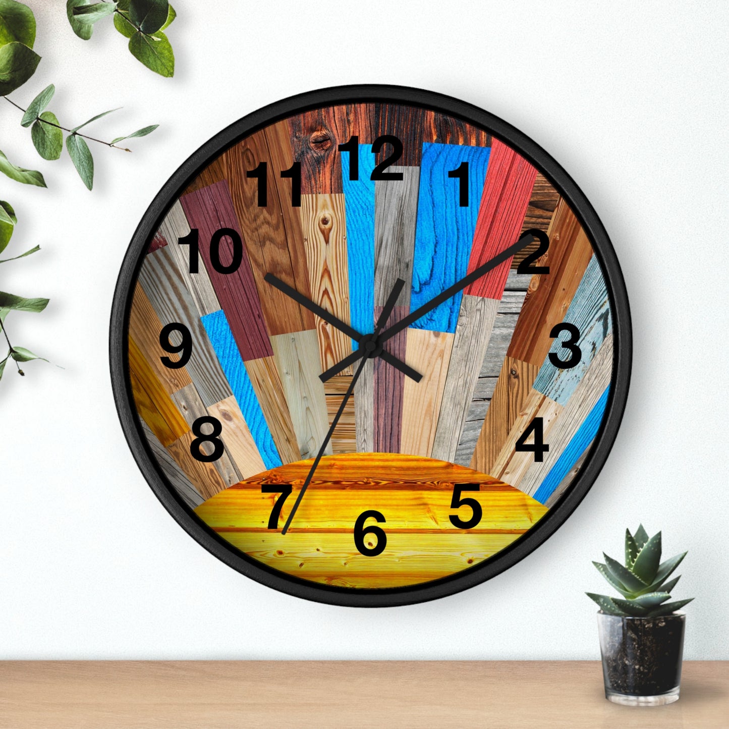 Sunrise Wood Planks Wall Clock | Colorful Rustic Sunburst
