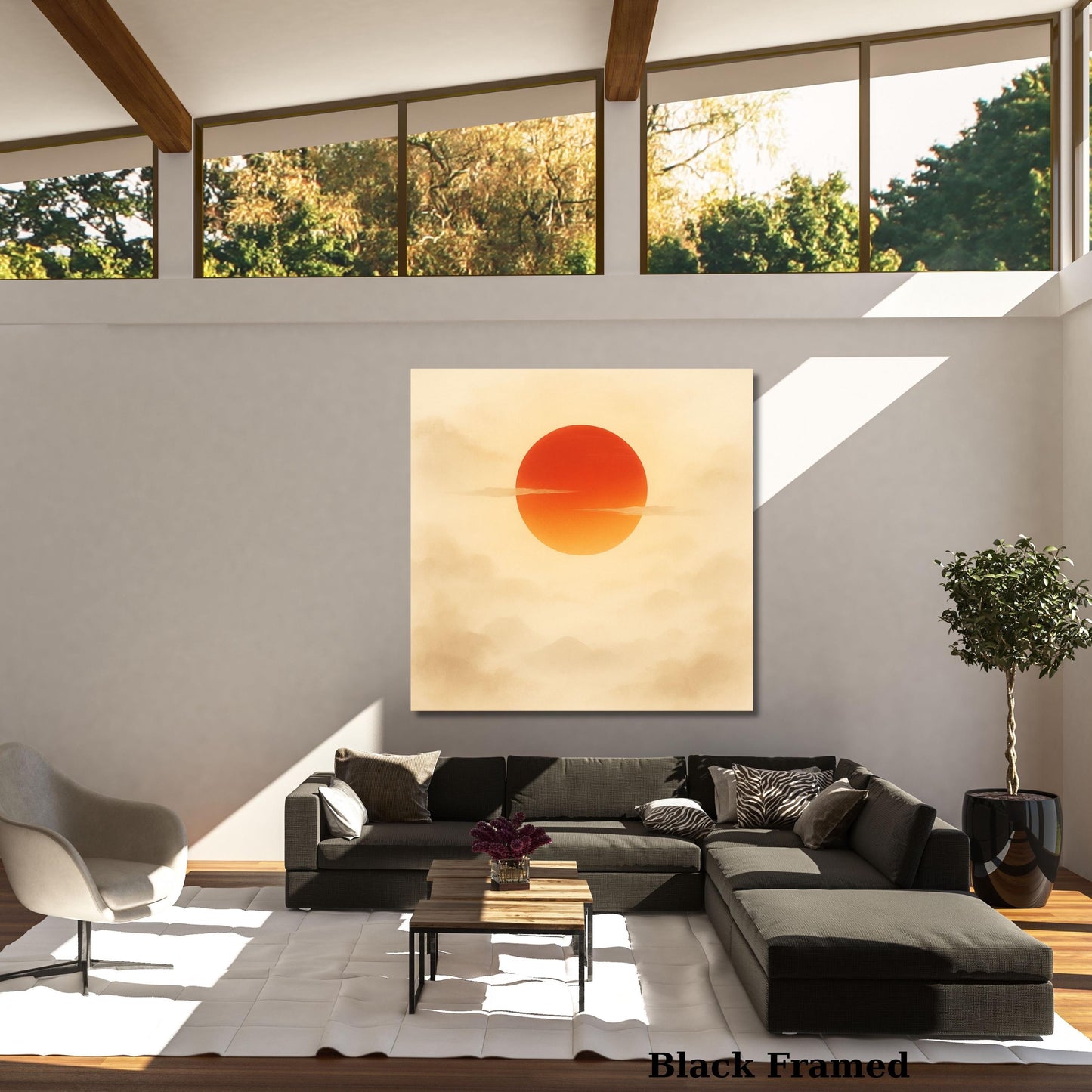 Sage Moon Japandi Canvas Wall Art, Flock of Birds Framed Print, Japanese Rising Sun Canvas, Square Oriental Wall Decor for Living Room gift