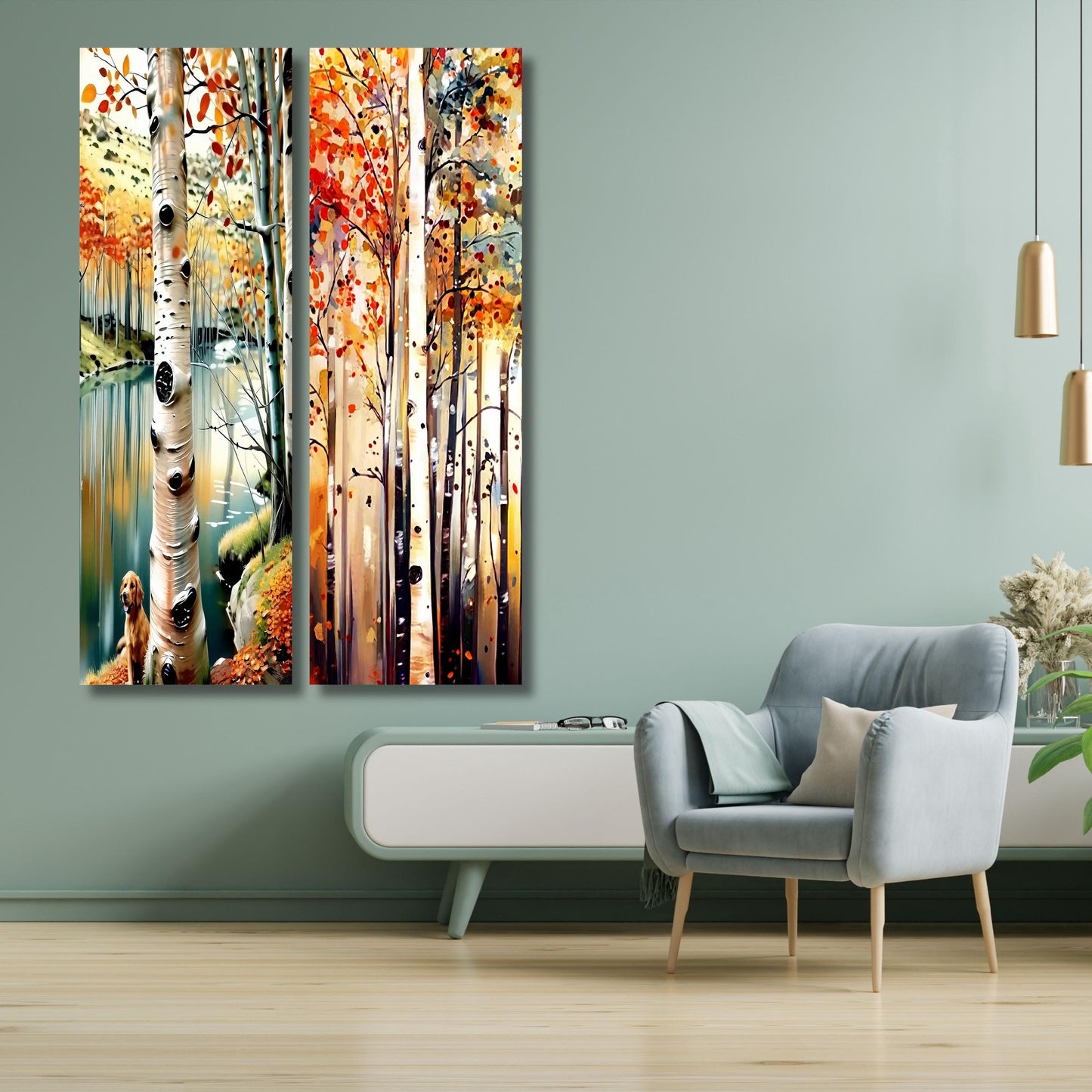 Set of 2 Tall Narrow Birch Tree Canvas – Long Vertical Forest Wall Art Decor