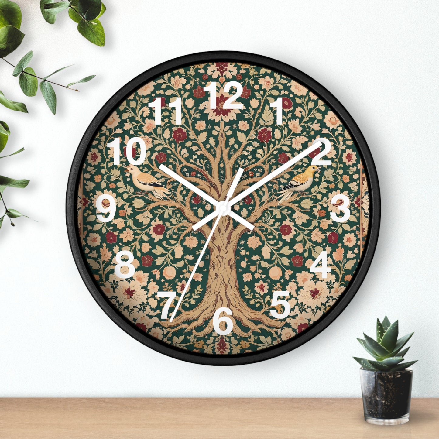 Floral Tree of Life Wall Clock | Vintage Botanical Design, Green & Red