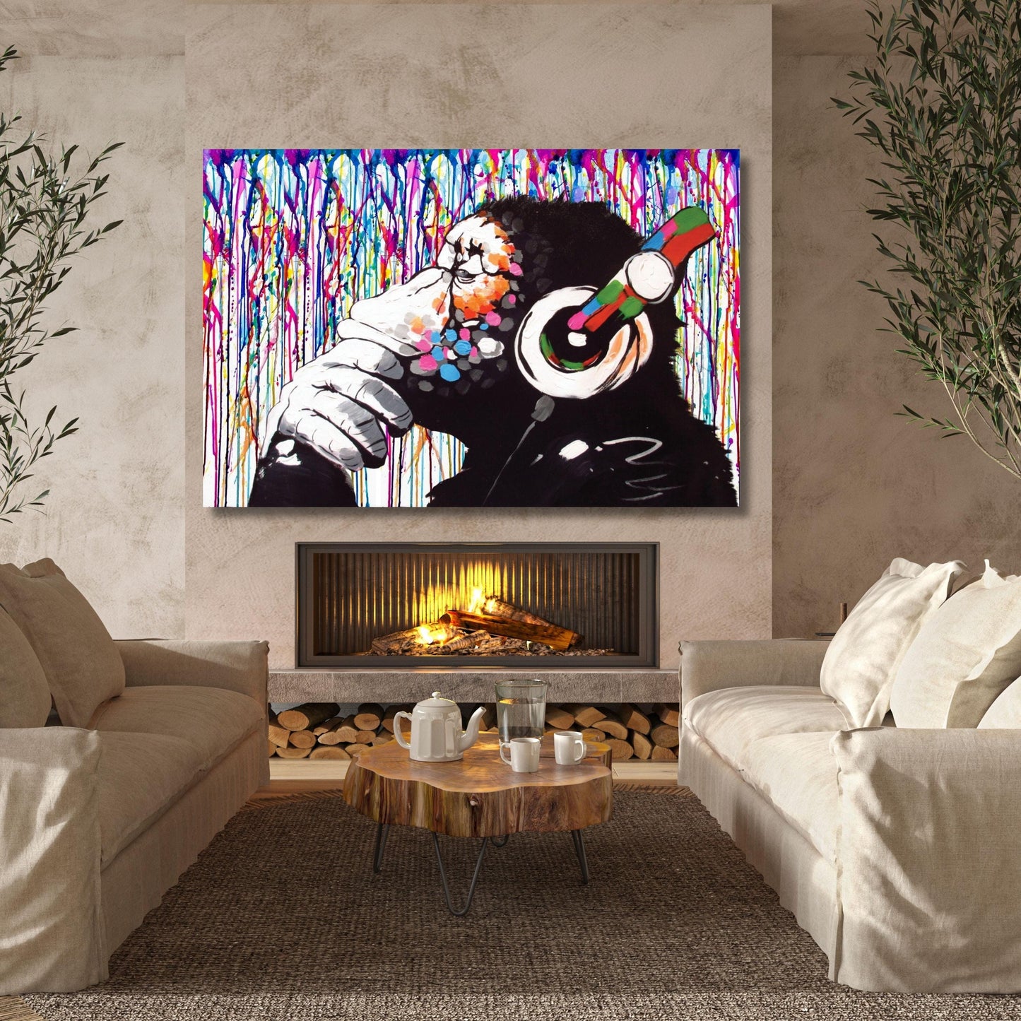 Banksy DJ Monkey Canvas Wall Art Banksy Thinking Monkey Music Thinker Graffiti Wall Art Extra Large Wall Art Gorilla Chimp Ready to Hang