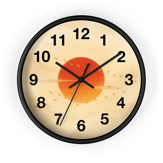 Sunset Sun with Flying Birds Wall Clock | Minimal Retro Sunrise Design
