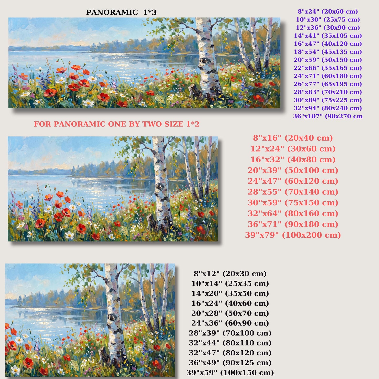 Panoramic Lake Landscape Canvas Art, Birch Tree and Red Poppies Wall Decor,Impressionist Nature Painting, Large Horizontal Living Room Decor
