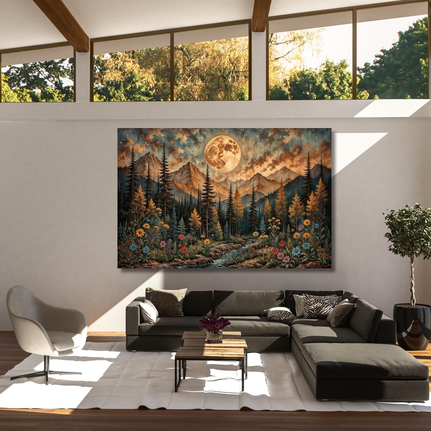 Full Moon Wildflower Canvas, Flower Garden Flower Market canvas, Moonlit Pine Tree Forest wall Art, Rustic Mountain Art, Woodland Klimt Gift