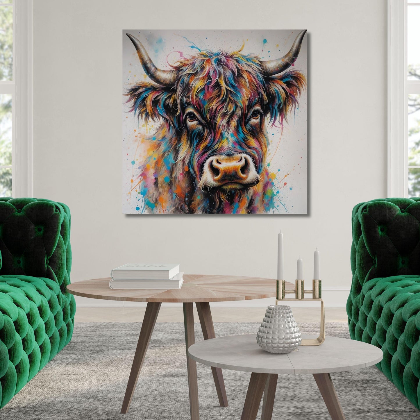 Colourful Highland Cow Canvas Wall Art, Colourful Scottish Cow  Wall Décor Custom Painting, Living room Ready to Hang Large canvas wall art