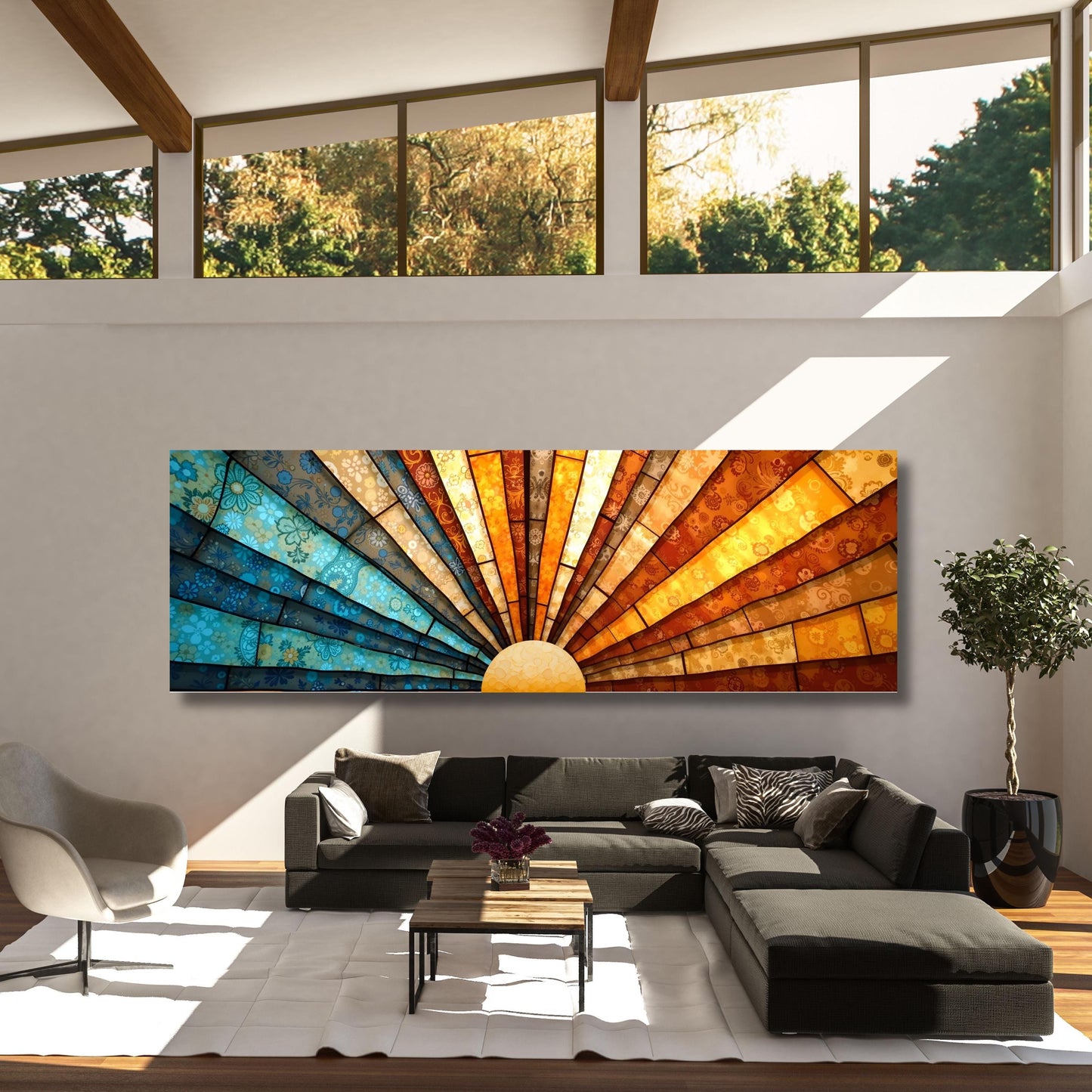 Abstract Sunset Canvas Art: Panoramic Boho Decor, Klimt Style