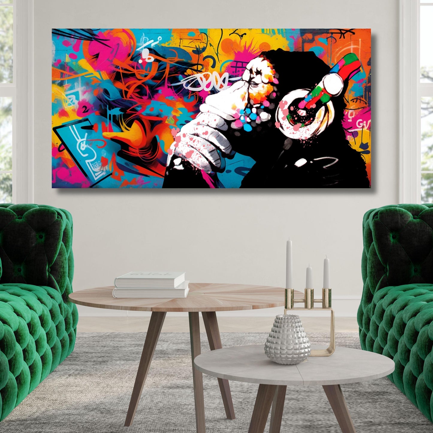 Banksy DJ Monkey Canvas Wall Art Banksy Thinking Monkey Music Thinker Graffiti Wall Art Extra Large Wall Art Gorilla Chimp Ready to Hang