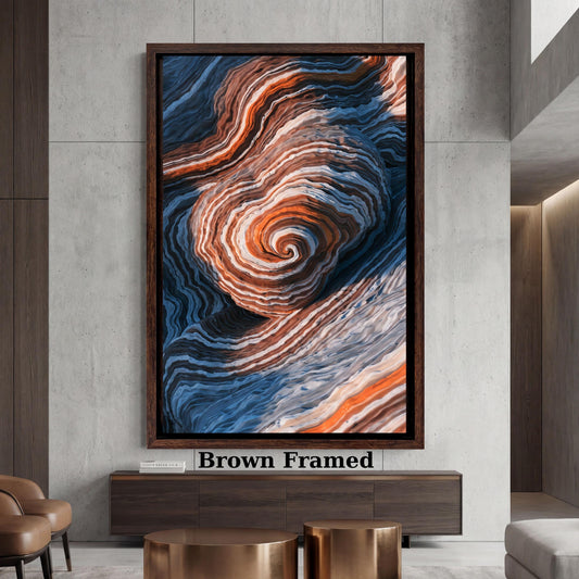 Abstract Swirl Rock Formation Canvas Art, Blue and Orange Geological Wall Decor, Modern Layered Canyon Texture Mural, Tall Vertical Nature