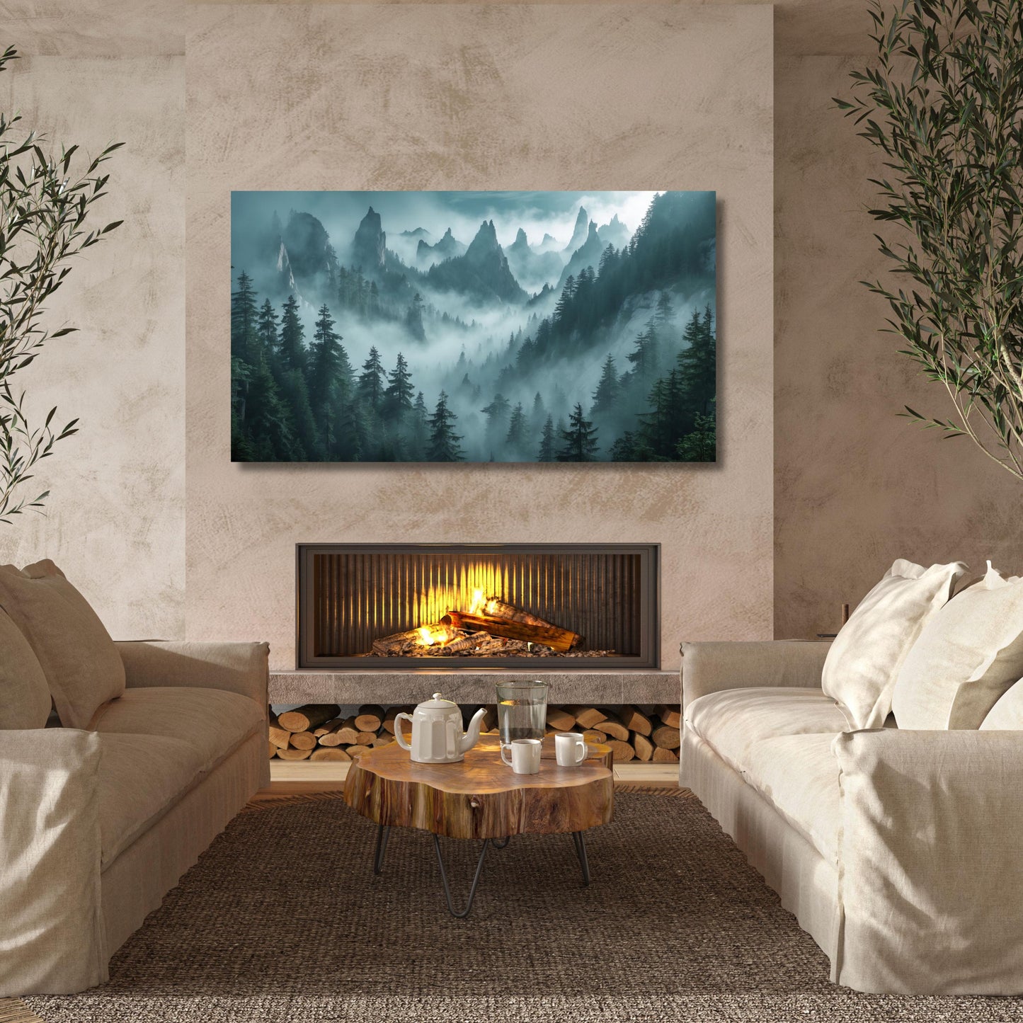 Forest mountains Canvas Wall print misty foggy mountains photography green forest landscape print large nature wall Exhibition art Forest